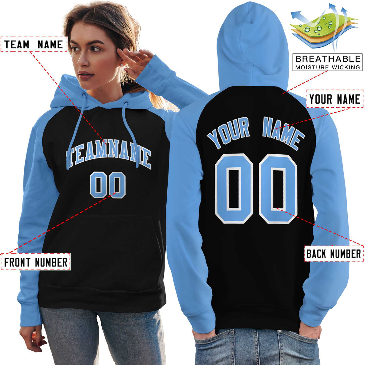 Custom Stitched Black Powder Blue Raglan Sleeves Sports Pullover Sweatshirt Hoodie For Women| KXKSHOP