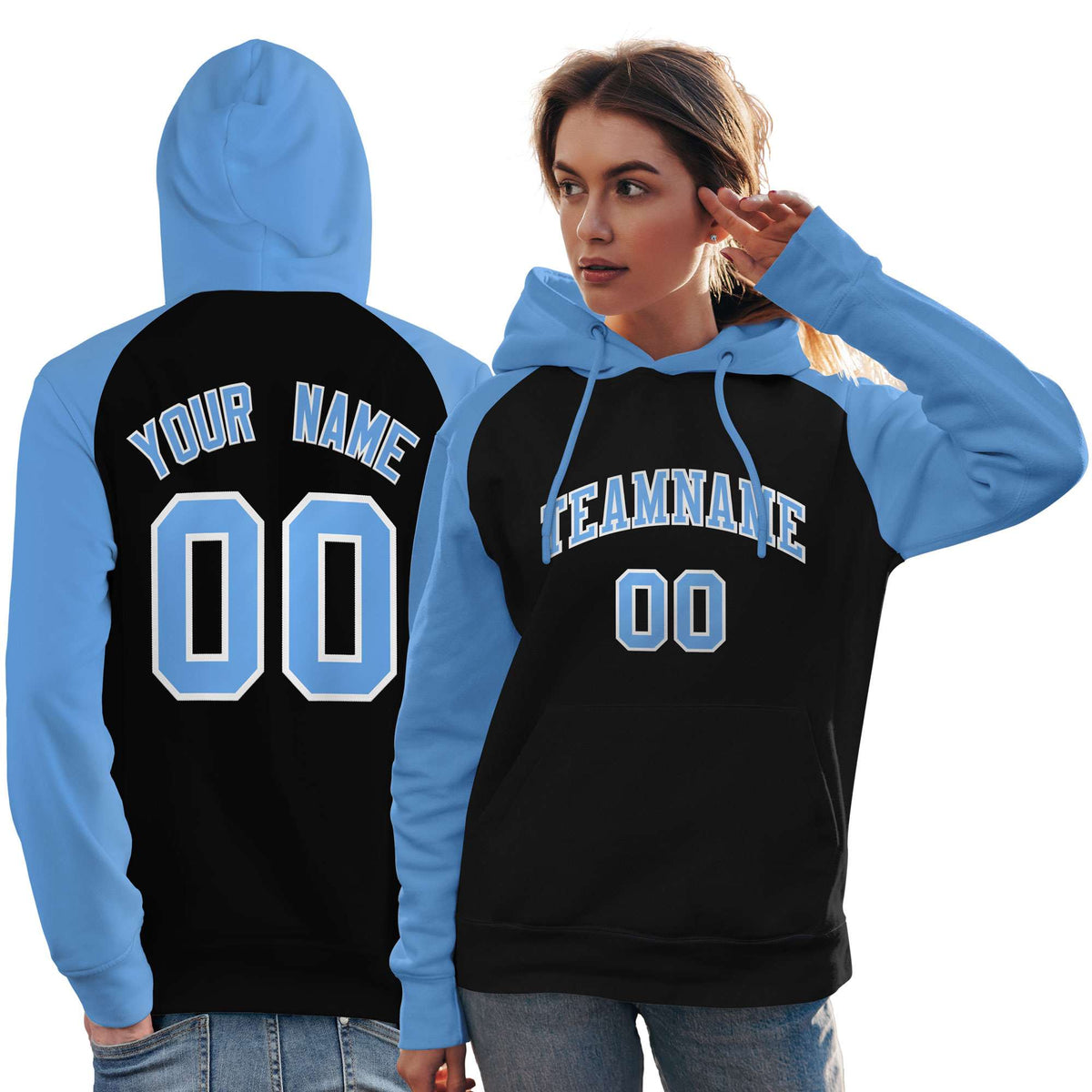 Custom Stitched Black Powder Blue Raglan Sleeves Sports Pullover Sweatshirt Hoodie For Women| KXKSHOP
