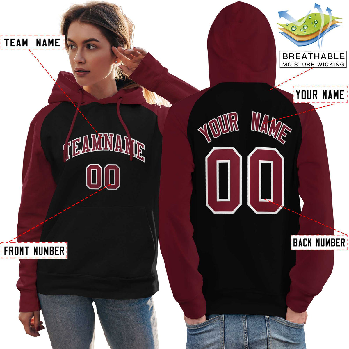 Custom Stitched Black Crimson Raglan Sleeves Sports Pullover Sweatshirt Hoodie For Women| KXKSHOP