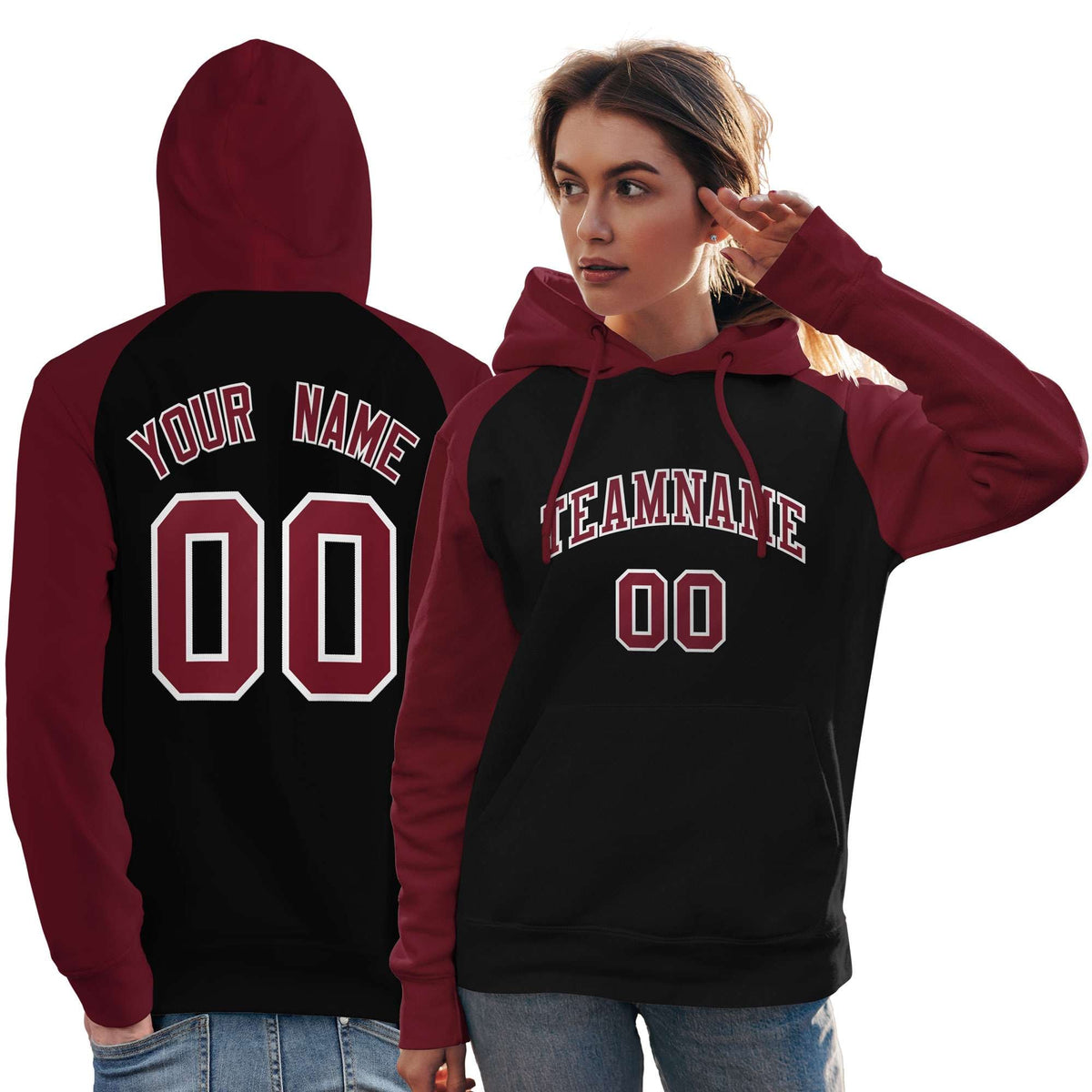 Custom Stitched Black Crimson Raglan Sleeves Sports Pullover Sweatshirt Hoodie For Women| KXKSHOP