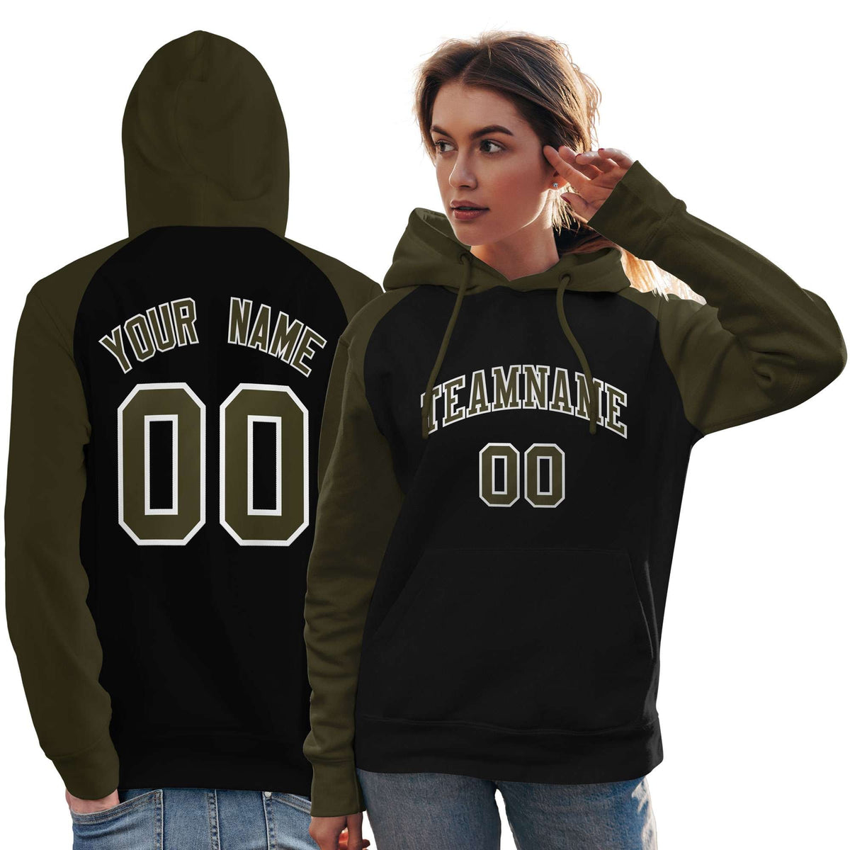 Custom Stitched Black Olive Raglan Sleeves Sports Pullover Sweatshirt Hoodie For Women| KXKSHOP