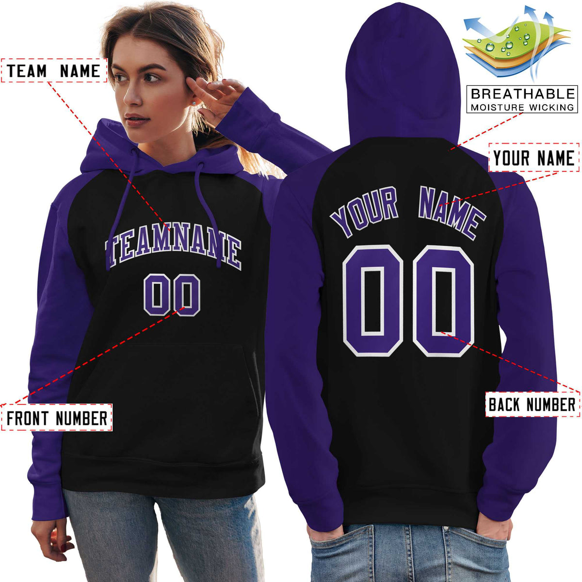 Custom Stitched Black Purple Raglan Sleeves Sports Pullover Sweatshirt Hoodie For Women| KXKSHOP