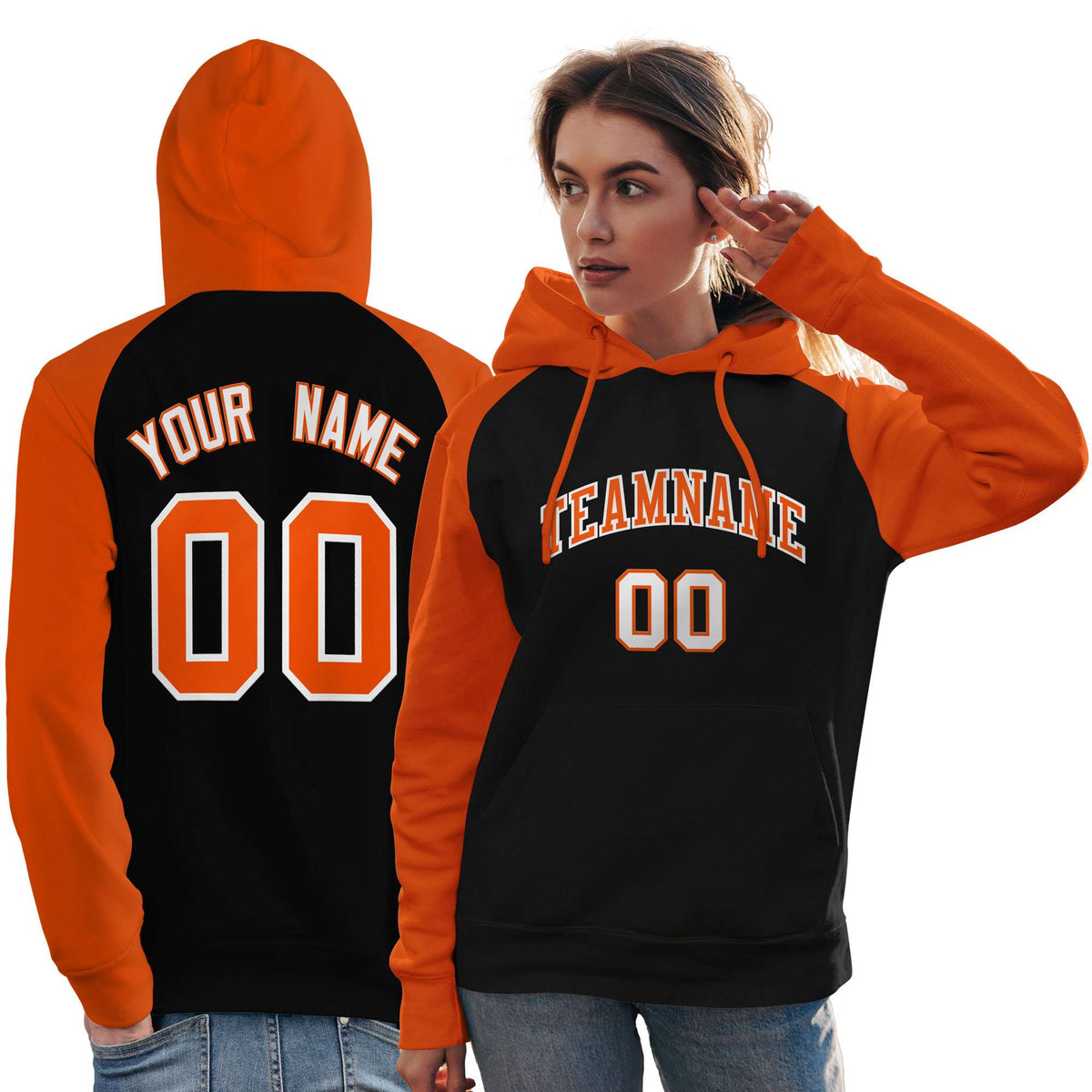 Custom Stitched Black Orange Raglan Sleeves Sports Pullover Sweatshirt Hoodie For Women| KXKSHOP