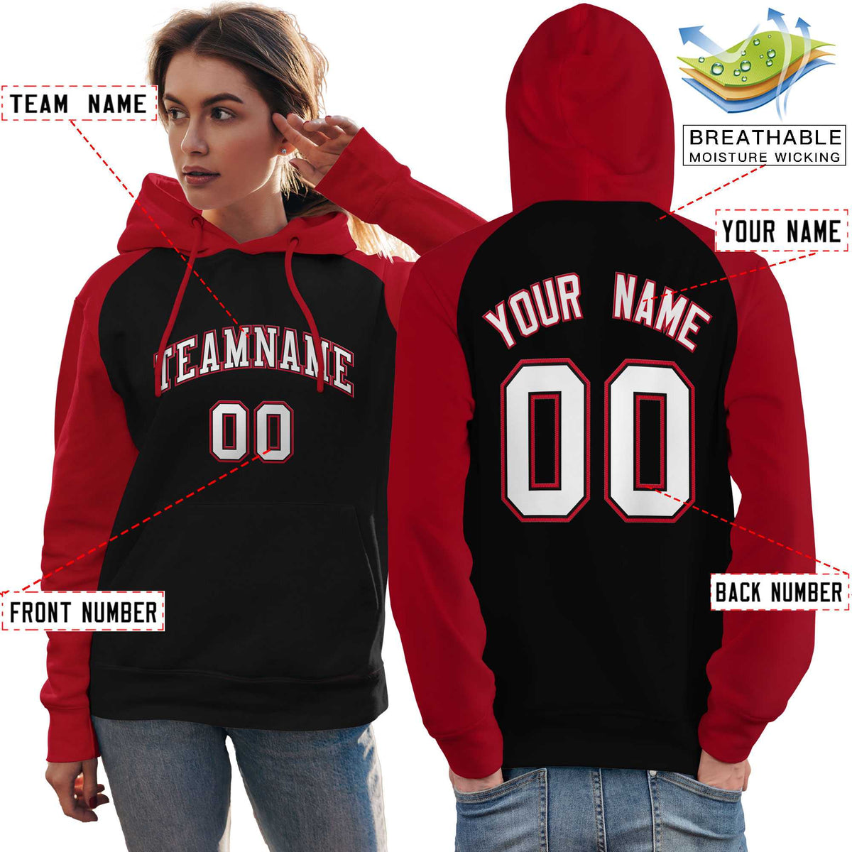 Custom Stitched Black Red-White Raglan Sleeves Sports Pullover Sweatshirt Hoodie For Women| KXKSHOP