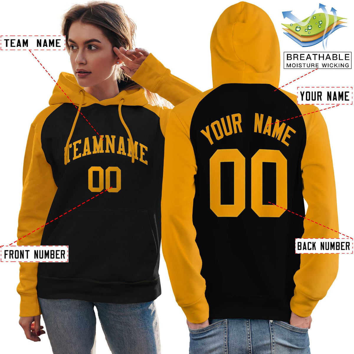 Custom Stitched Black Gold Raglan Sleeves Sports Pullover Sweatshirt Hoodie For Women| KXKSHOP