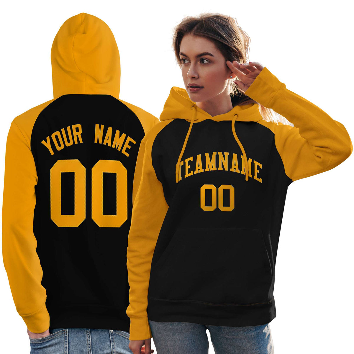 Custom Stitched Black Gold Raglan Sleeves Sports Pullover Sweatshirt Hoodie For Women| KXKSHOP