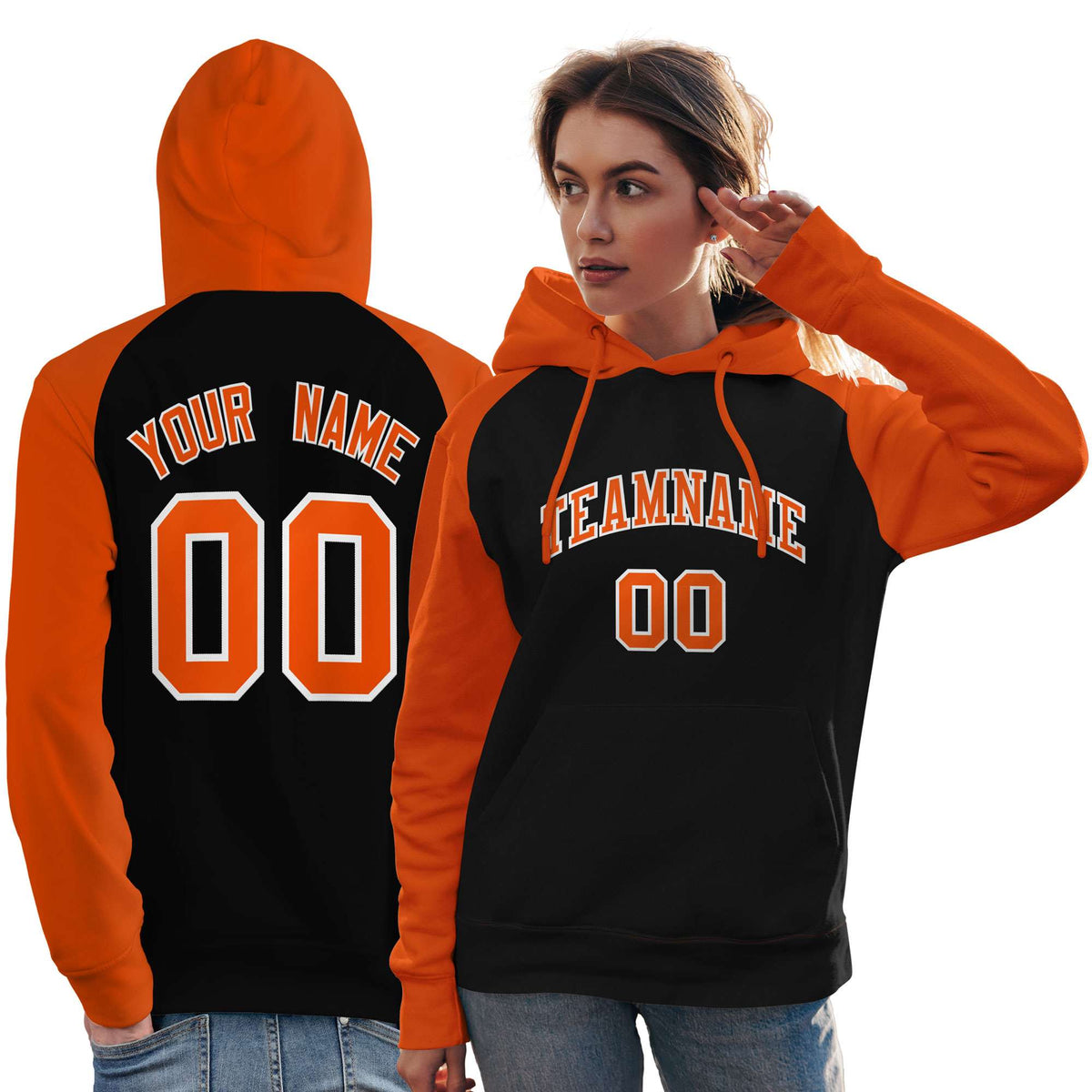 Custom Stitched Black Orange Raglan Sleeves Sports Pullover Sweatshirt Hoodie For Women| KXKSHOP