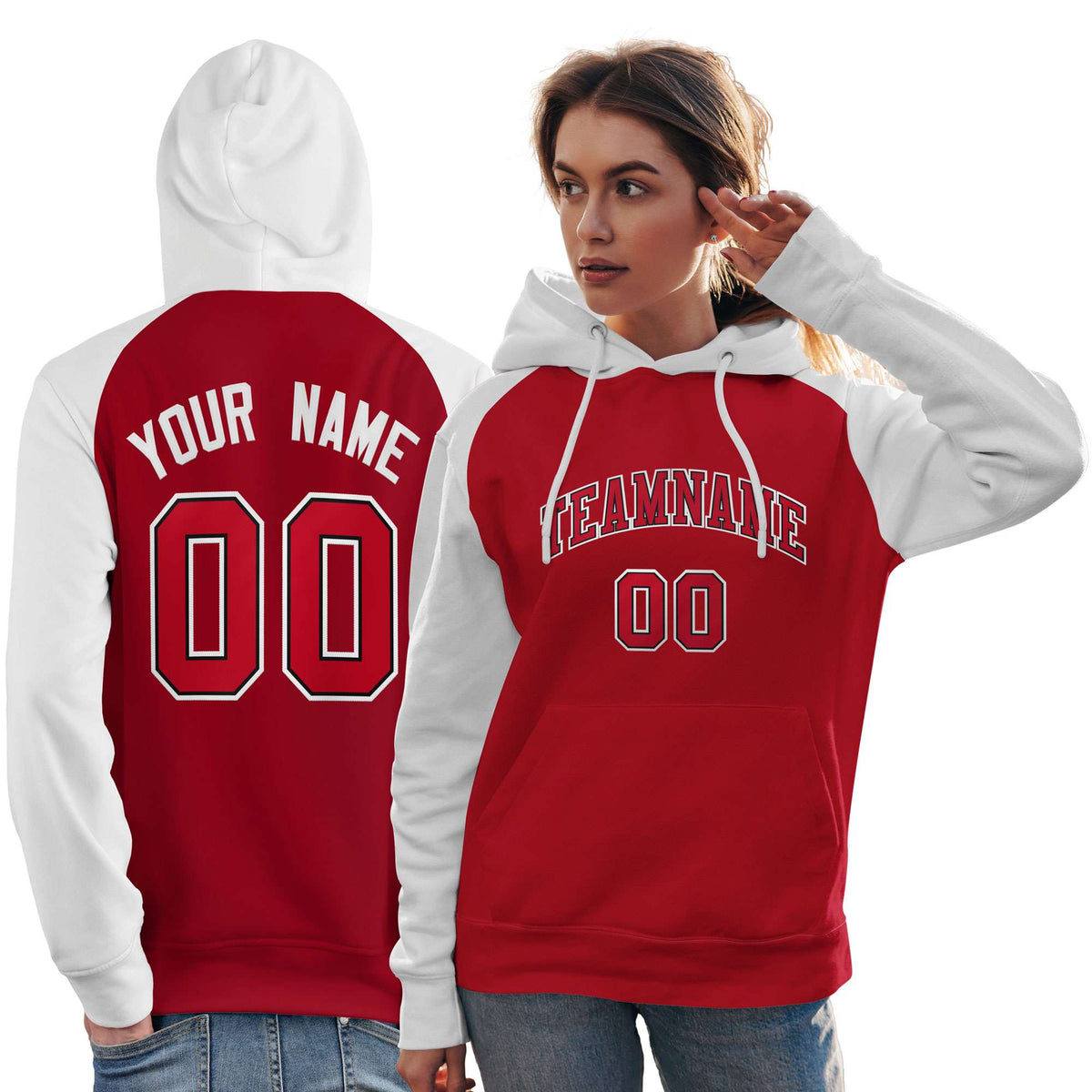 Custom Stitched Red White Raglan Sleeves Sports Pullover Sweatshirt Hoodie For Women| KXKSHOP