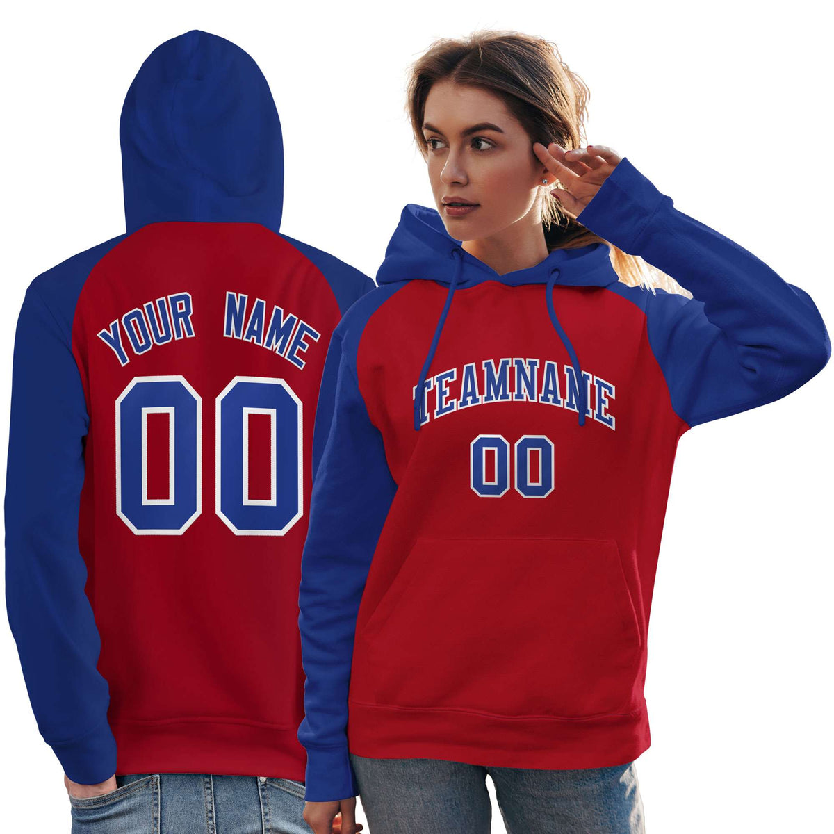 Custom Stitched Red Royal Raglan Sleeves Sports Pullover Sweatshirt Hoodie For Women| KXKSHOP