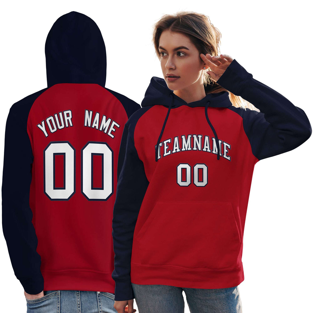 Custom Stitched Red Navy-White Raglan Sleeves Sports Pullover Sweatshirt Hoodie For Women| KXKSHOP