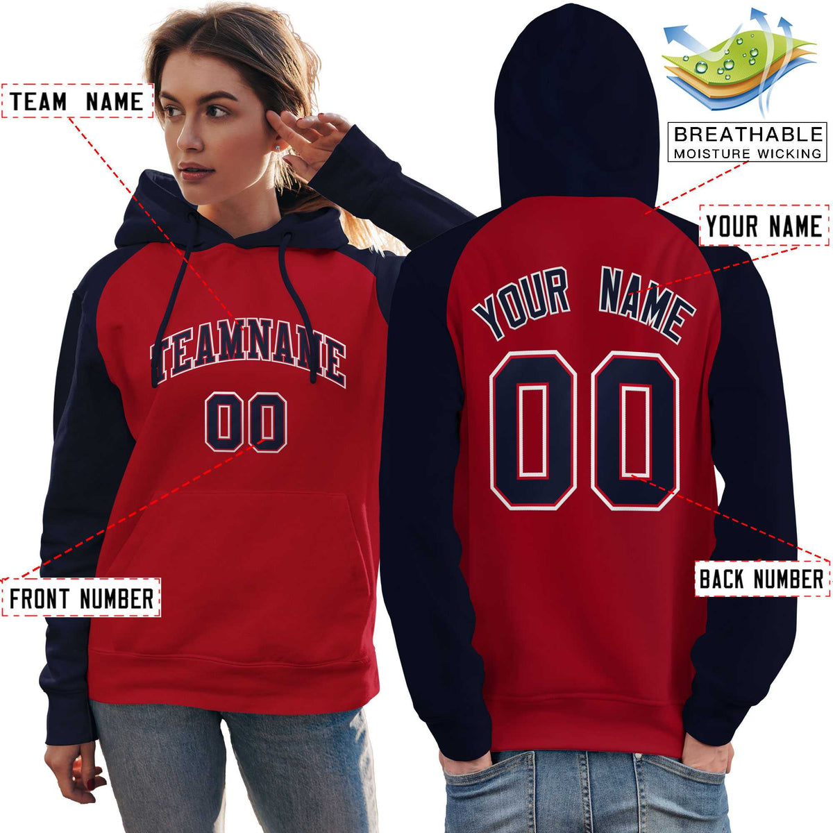 Custom Stitched Red Navy Raglan Sleeves Sports Pullover Sweatshirt Hoodie For Women| KXKSHOP