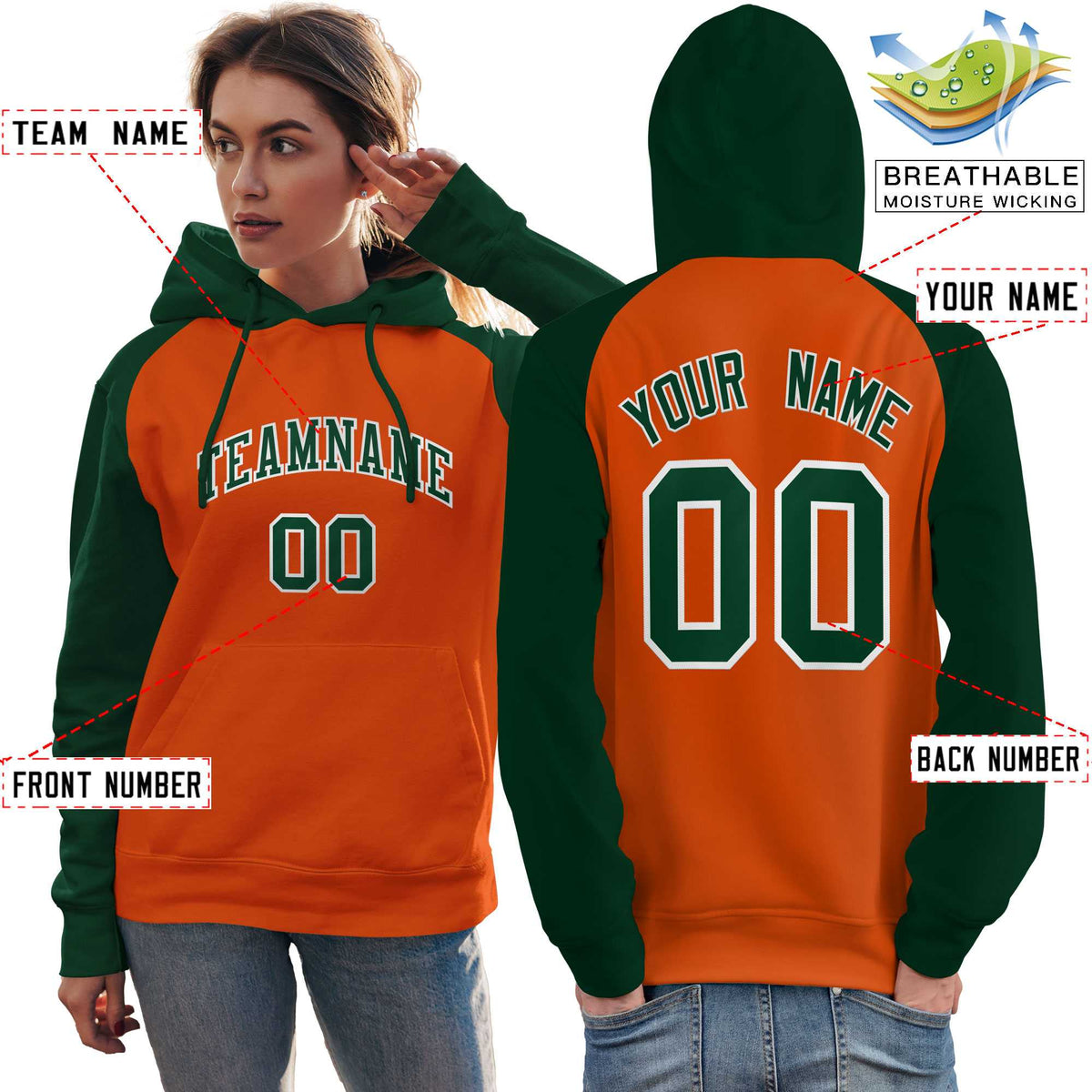 Custom Stitched Orange Green Raglan Sleeves Sports Pullover Sweatshirt Hoodie For Women| KXKSHOP