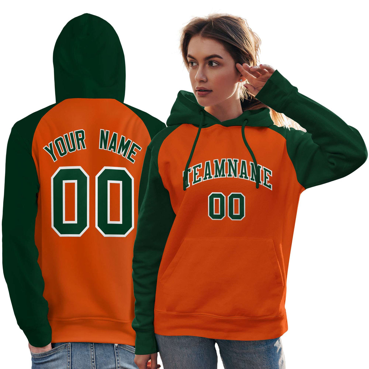 Custom Stitched Orange Green Raglan Sleeves Sports Pullover Sweatshirt Hoodie For Women| KXKSHOP