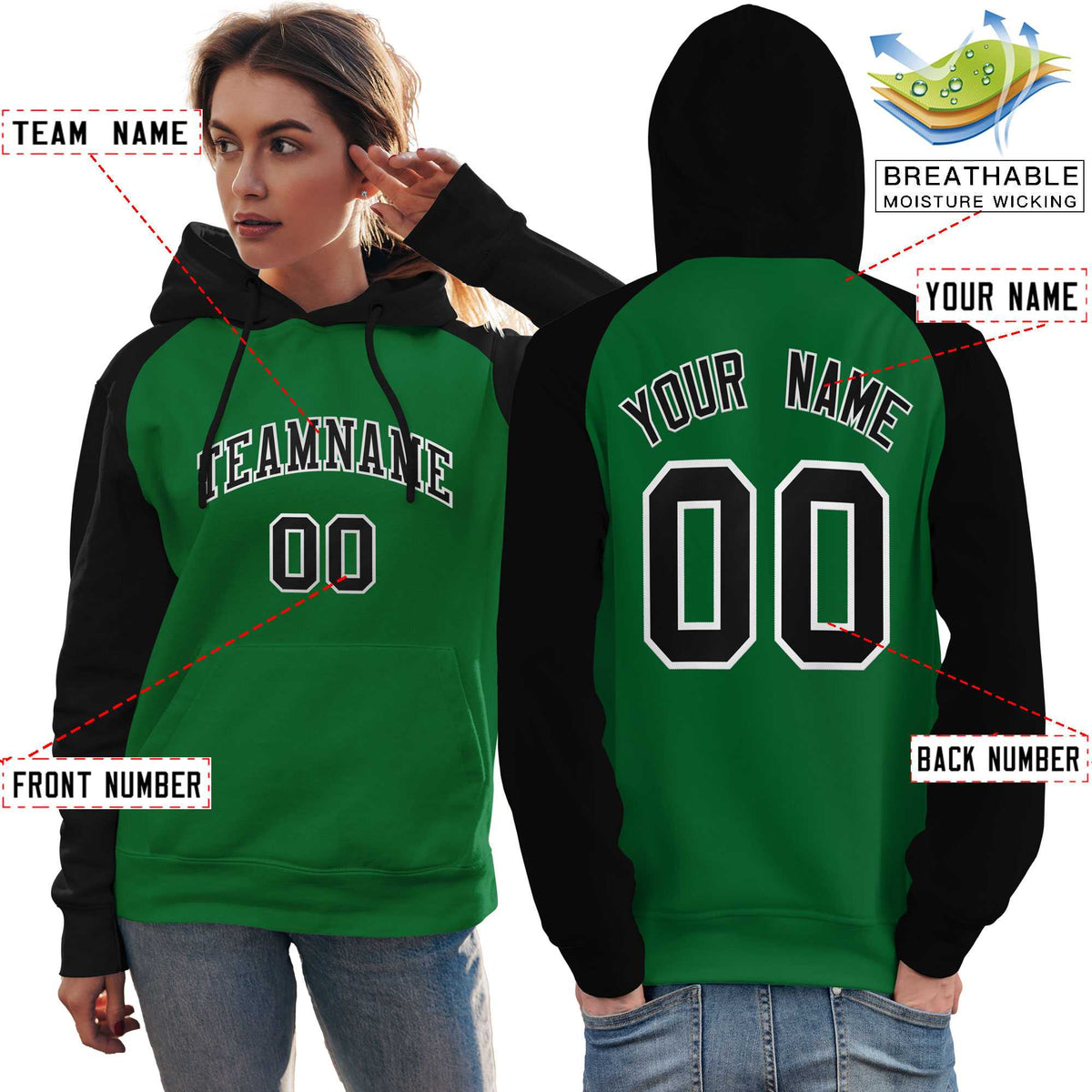 Custom Stitched Kelly Green Black Raglan Sleeves Sports Pullover Sweatshirt Hoodie For Women| KXKSHOP