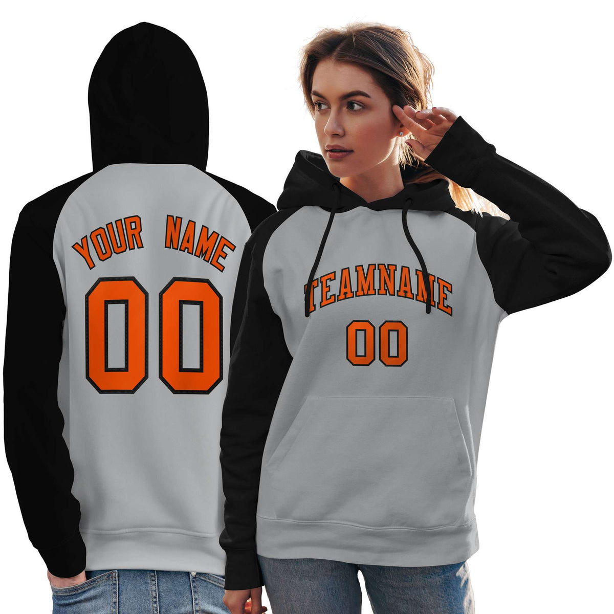 Custom Stitched Gray Black-Orange Raglan Sleeves Sports Pullover Sweatshirt Hoodie For Women| KXKSHOP