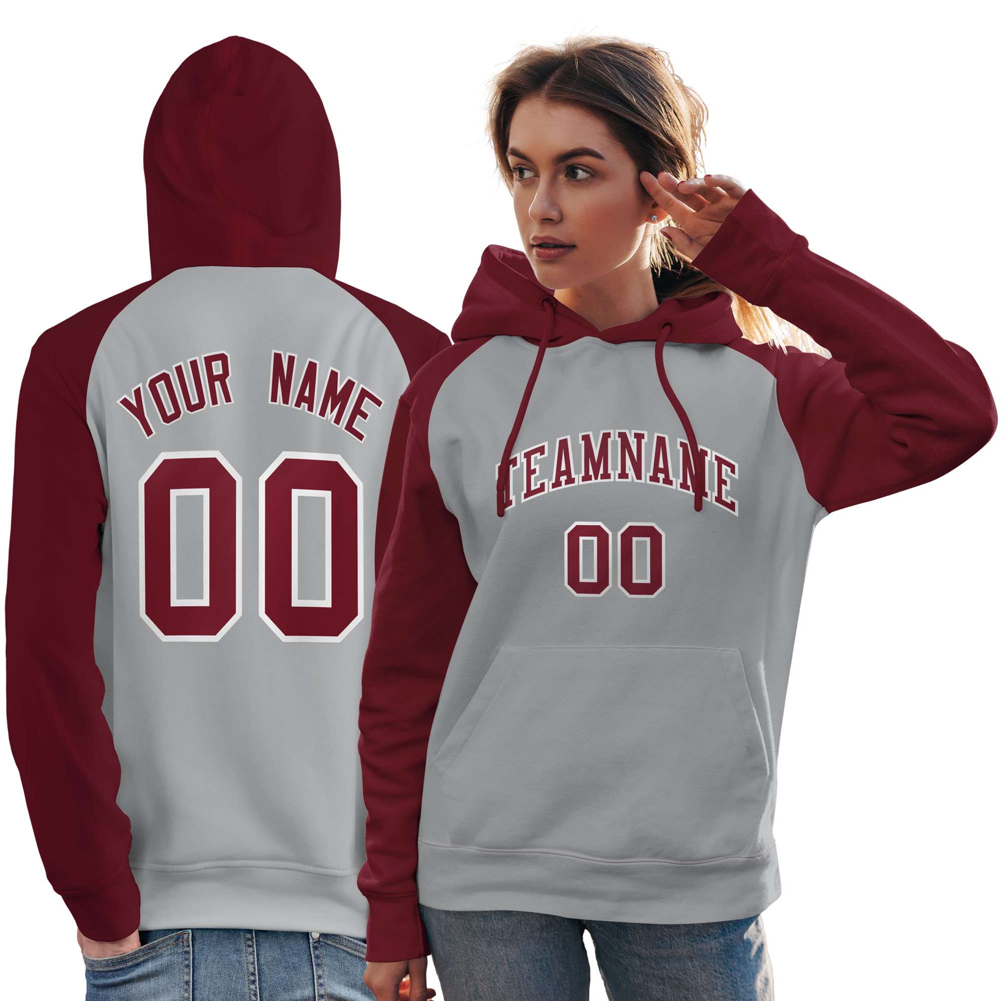 Custom Stitched Gray Crimson Raglan Sleeves Sports Pullover Sweatshirt Hoodie For Women| KXKSHOP