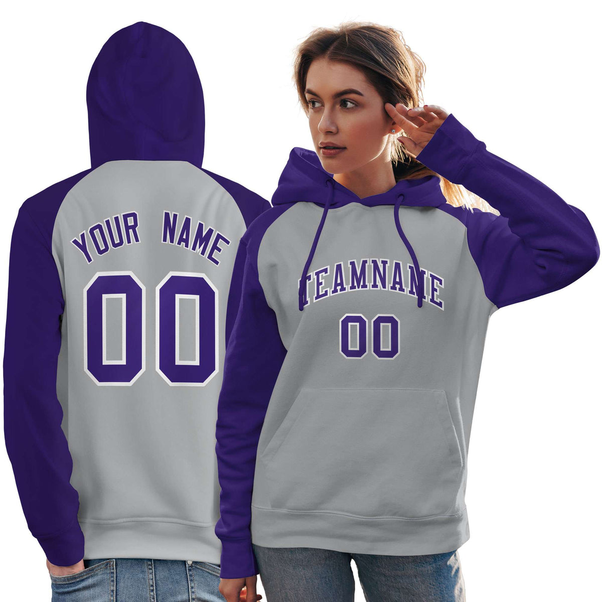 Custom Stitched Gray Purple Raglan Sleeves Sports Pullover Sweatshirt Hoodie For Women| KXKSHOP