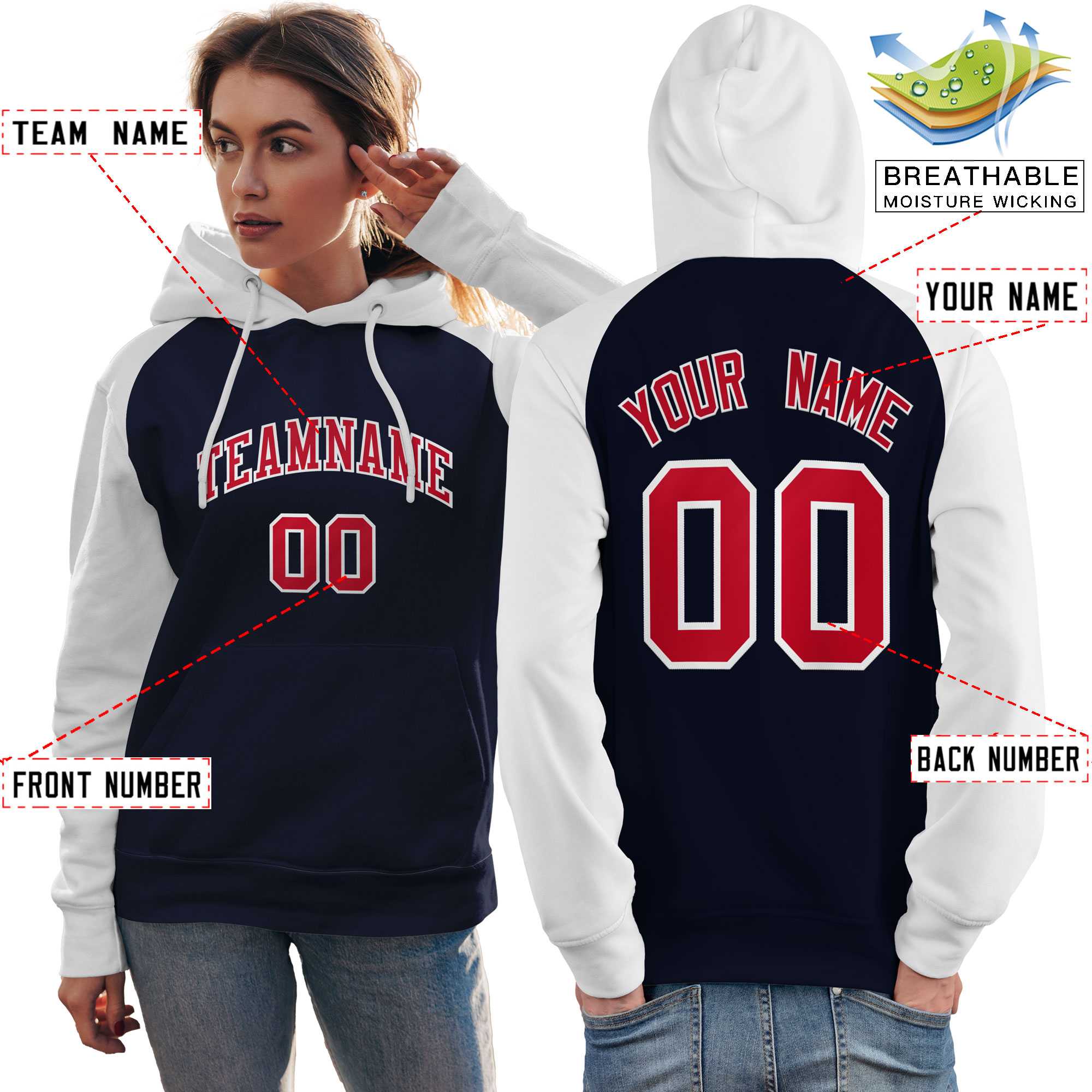Custom Stitched Navy White-Red Raglan Sleeves Sports Pullover Sweatshirt Hoodie For Women| KXKSHOP
