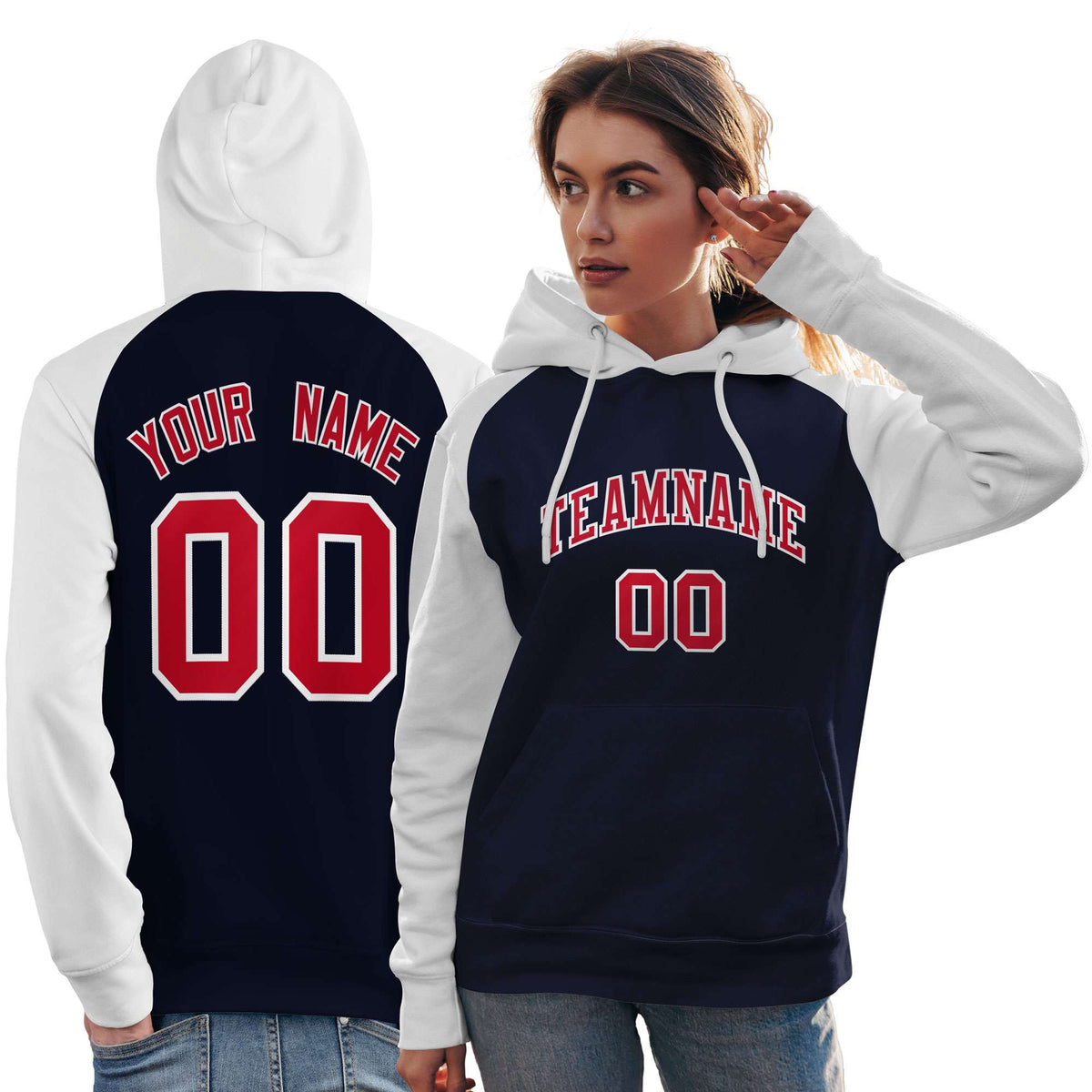 Custom Stitched Navy White-Red Raglan Sleeves Sports Pullover Sweatshirt Hoodie For Women| KXKSHOP