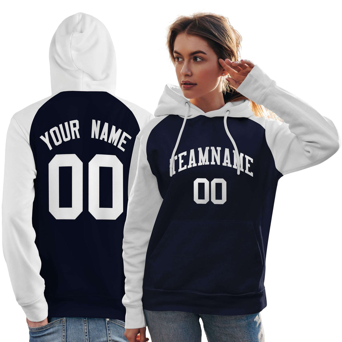Custom Stitched Navy White Raglan Sleeves Sports Pullover Sweatshirt Hoodie For Women| KXKSHOP