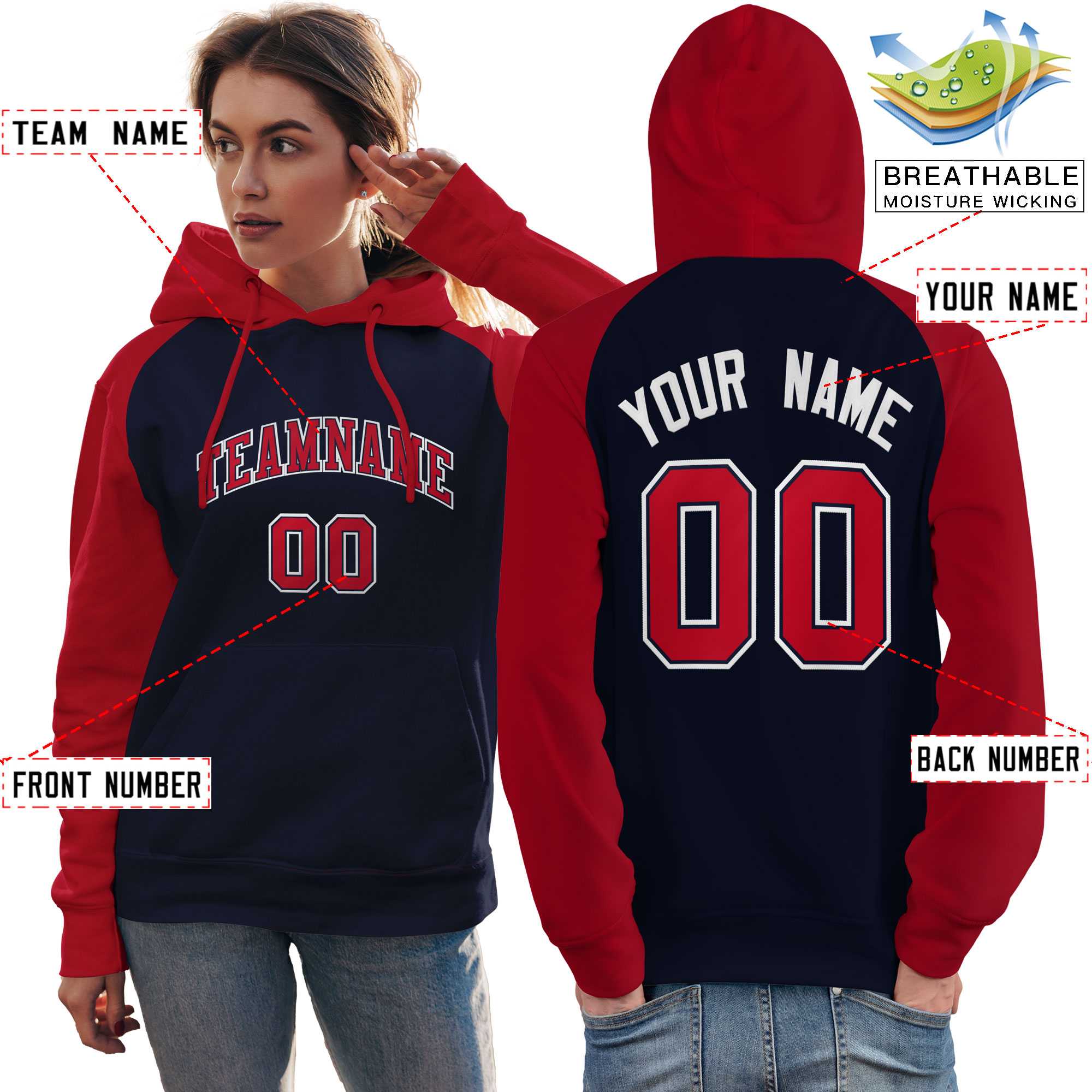 Custom Stitched Navy Red Raglan Sleeves Sports Pullover Sweatshirt Hoodie For Women| KXKSHOP