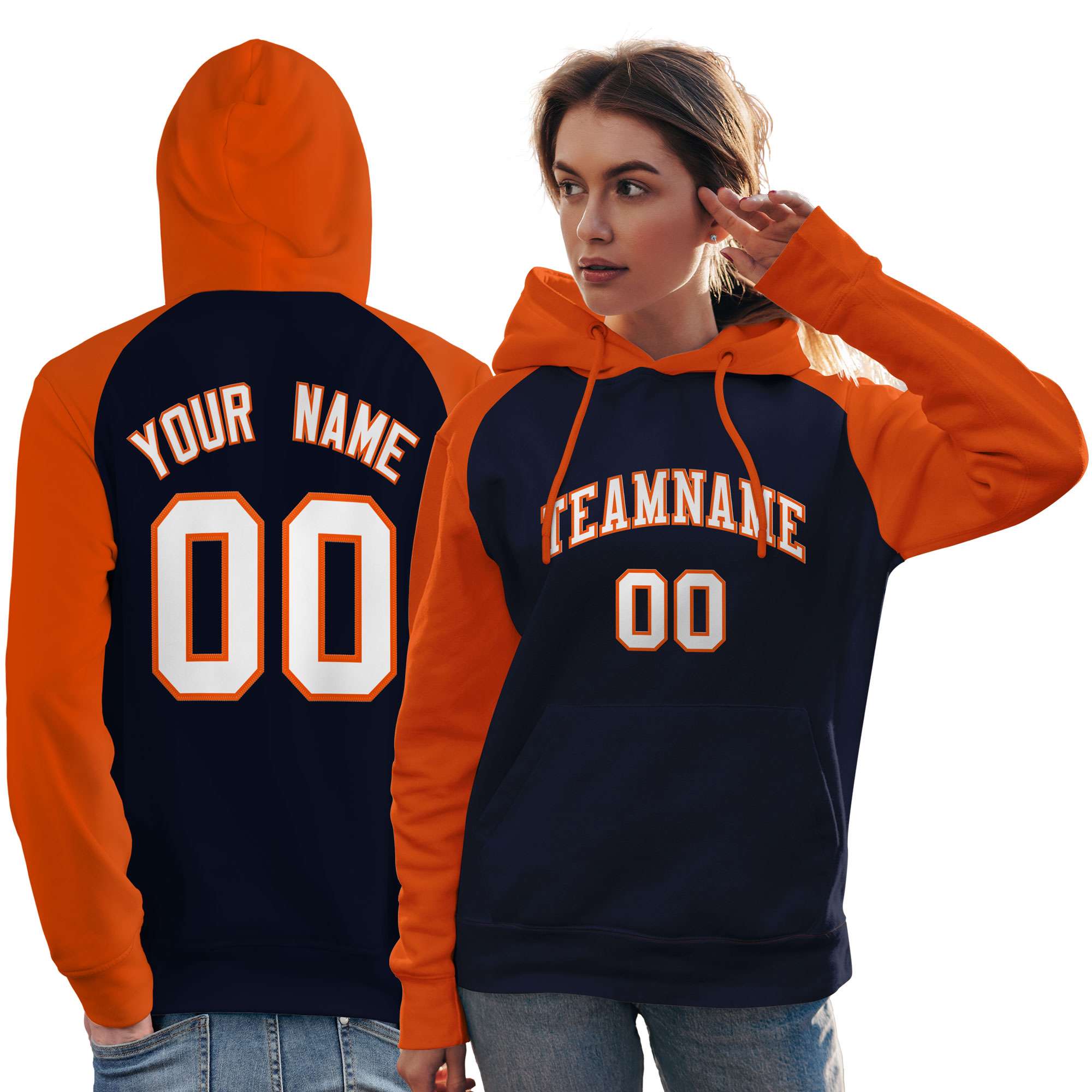 Custom Stitched Navy Orange-White Raglan Sleeves Sports Pullover Sweatshirt Hoodie For Women| KXKSHOP