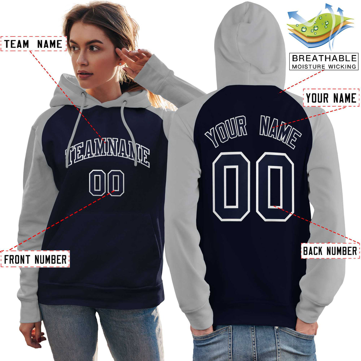 Custom Stitched Navy Gray Raglan Sleeves Sports Pullover Sweatshirt Hoodie For Women| KXKSHOP