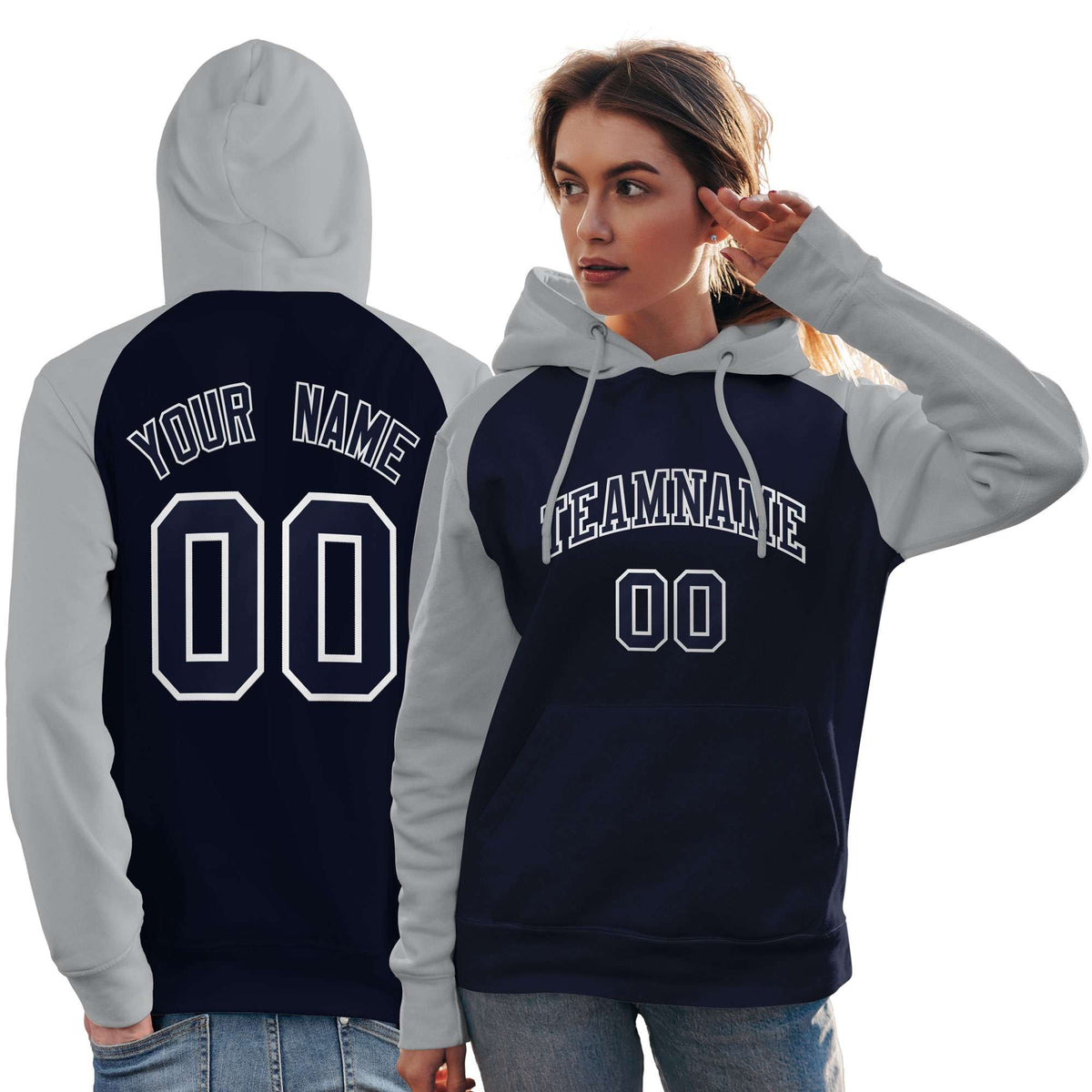 Custom Stitched Navy Gray Raglan Sleeves Sports Pullover Sweatshirt Hoodie For Women| KXKSHOP