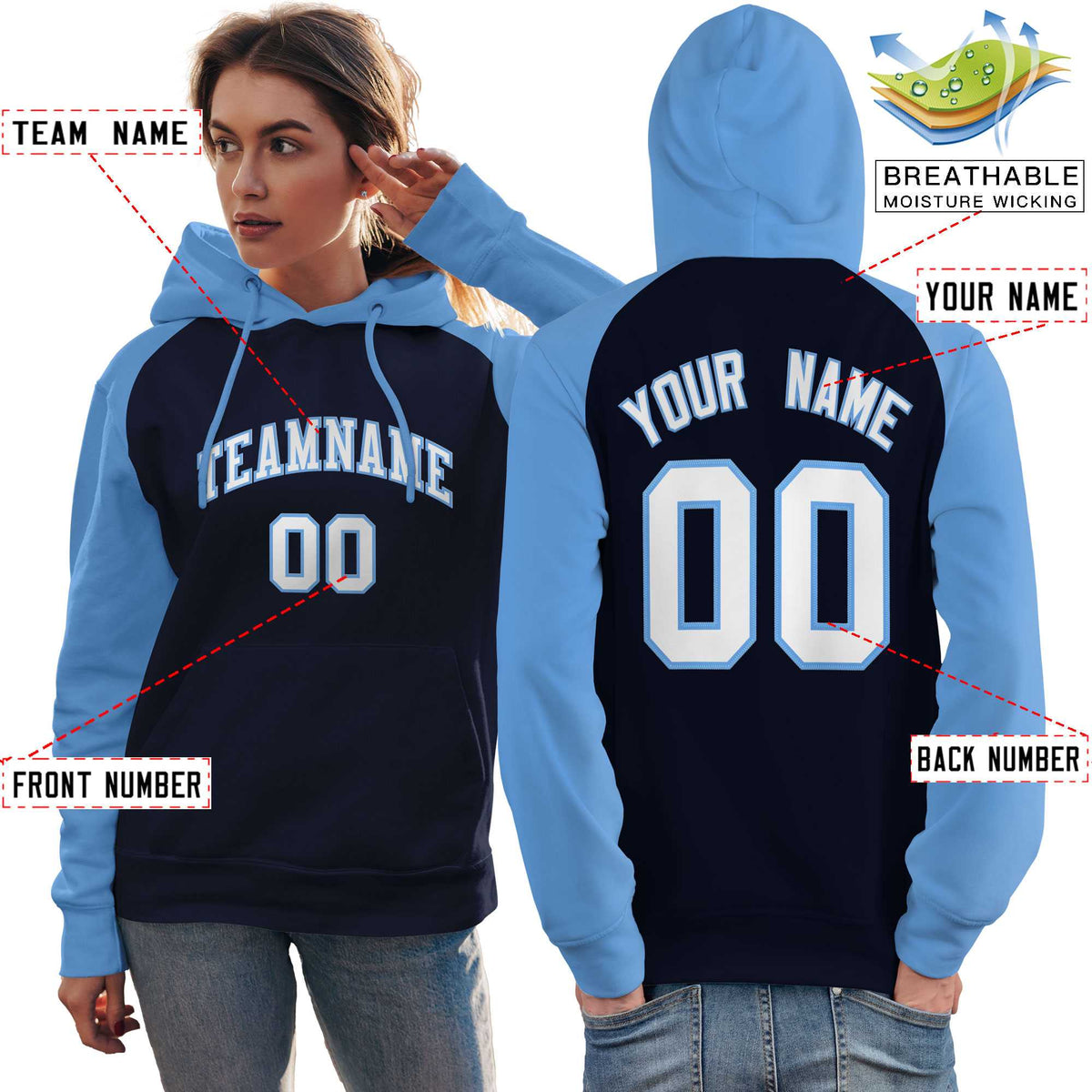 Custom Stitched Navy Powder Blue-White Raglan Sleeves Sports Pullover Sweatshirt Hoodie For Women| KXKSHOP