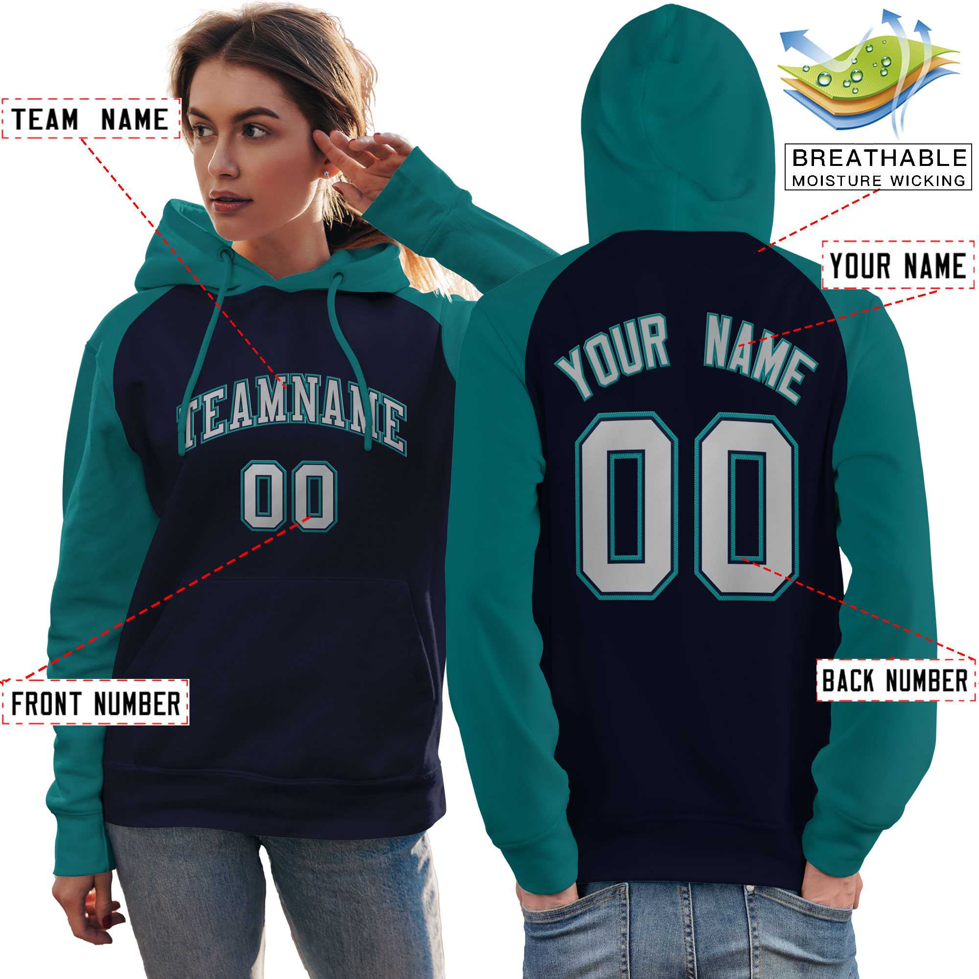 Custom Stitched Navy Aqua-Gray Raglan Sleeves Sports Pullover Sweatshirt Hoodie For Women| KXKSHOP