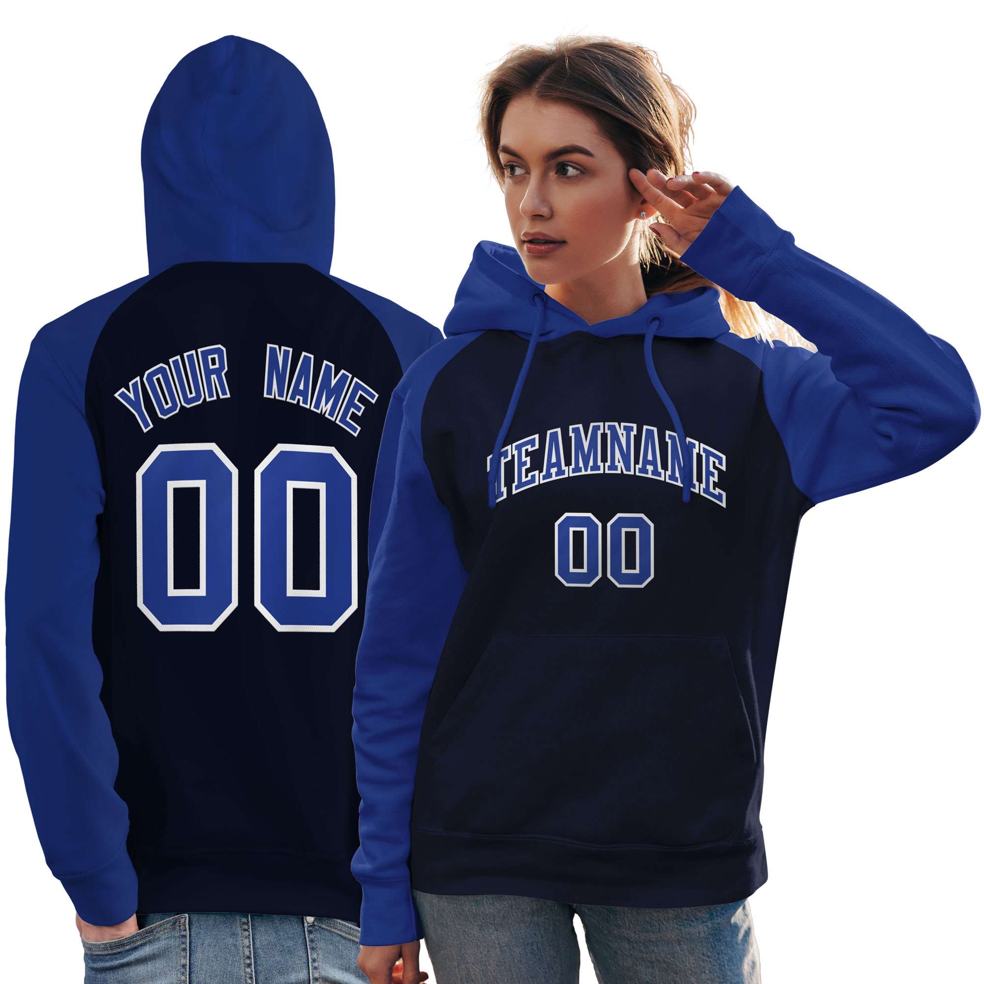 Custom Stitched Navy Royal Raglan Sleeves Sports Pullover Sweatshirt Hoodie For Women| KXKSHOP