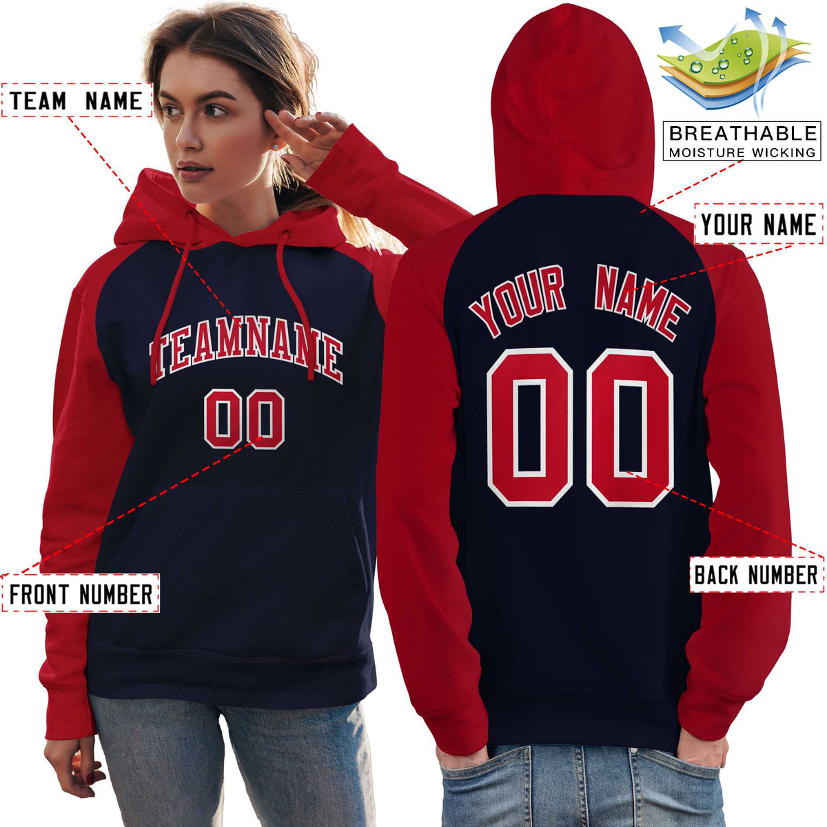 Custom Stitched Navy Red Raglan Sleeves Sports Pullover Sweatshirt Hoodie For Women| KXKSHOP