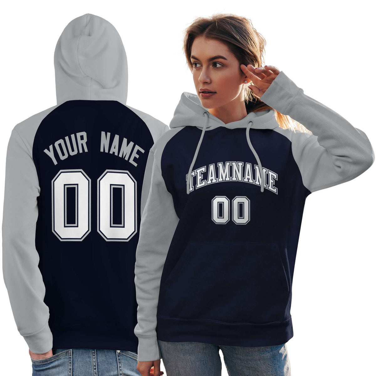 Custom Stitched Navy Gray-White Raglan Sleeves Sports Pullover Sweatshirt Hoodie For Women| KXKSHOP