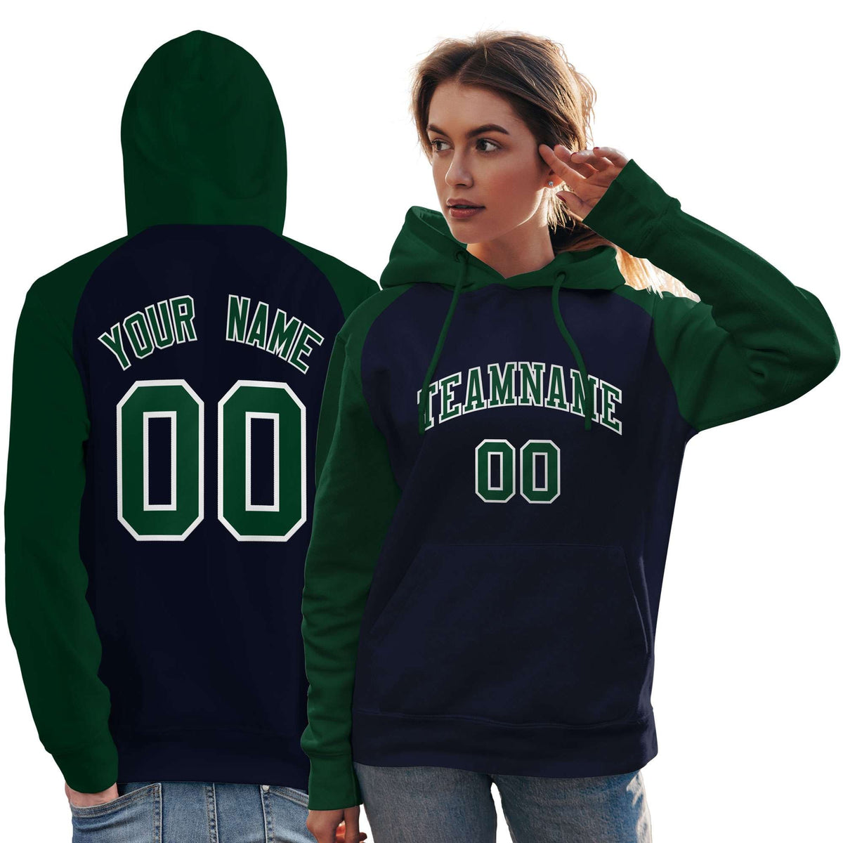 Custom Stitched Navy Green Raglan Sleeves Sports Pullover Sweatshirt Hoodie For Women| KXKSHOP