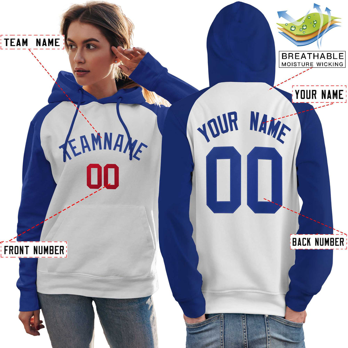 Custom Stitched White Royal Raglan Sleeves Sports Pullover Sweatshirt Hoodie For Women| KXKSHOP