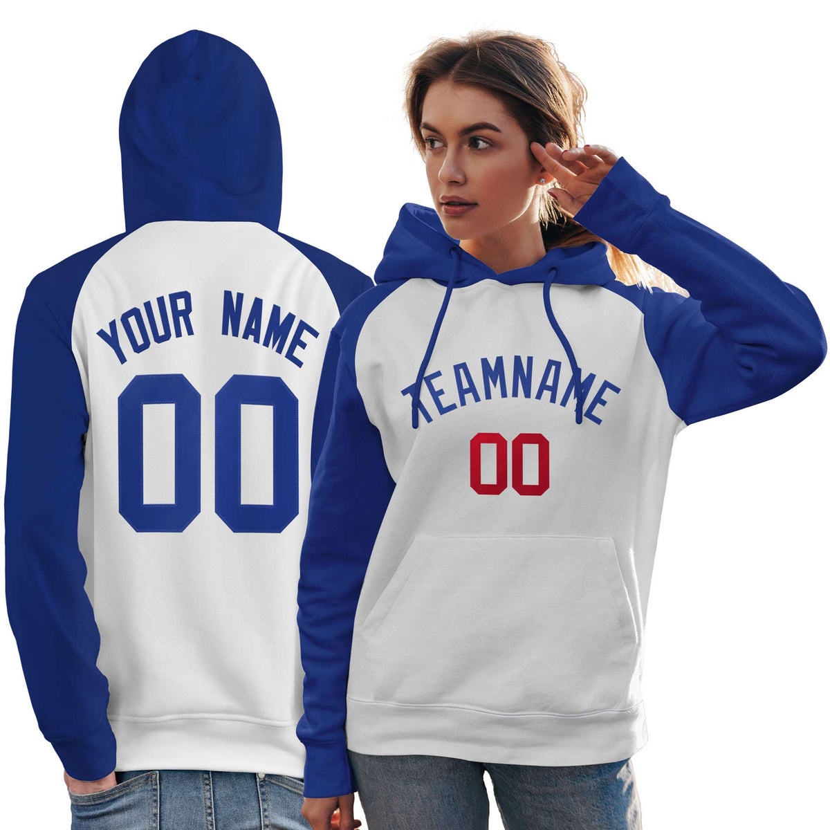 Custom Stitched White Royal Raglan Sleeves Sports Pullover Sweatshirt Hoodie For Women| KXKSHOP