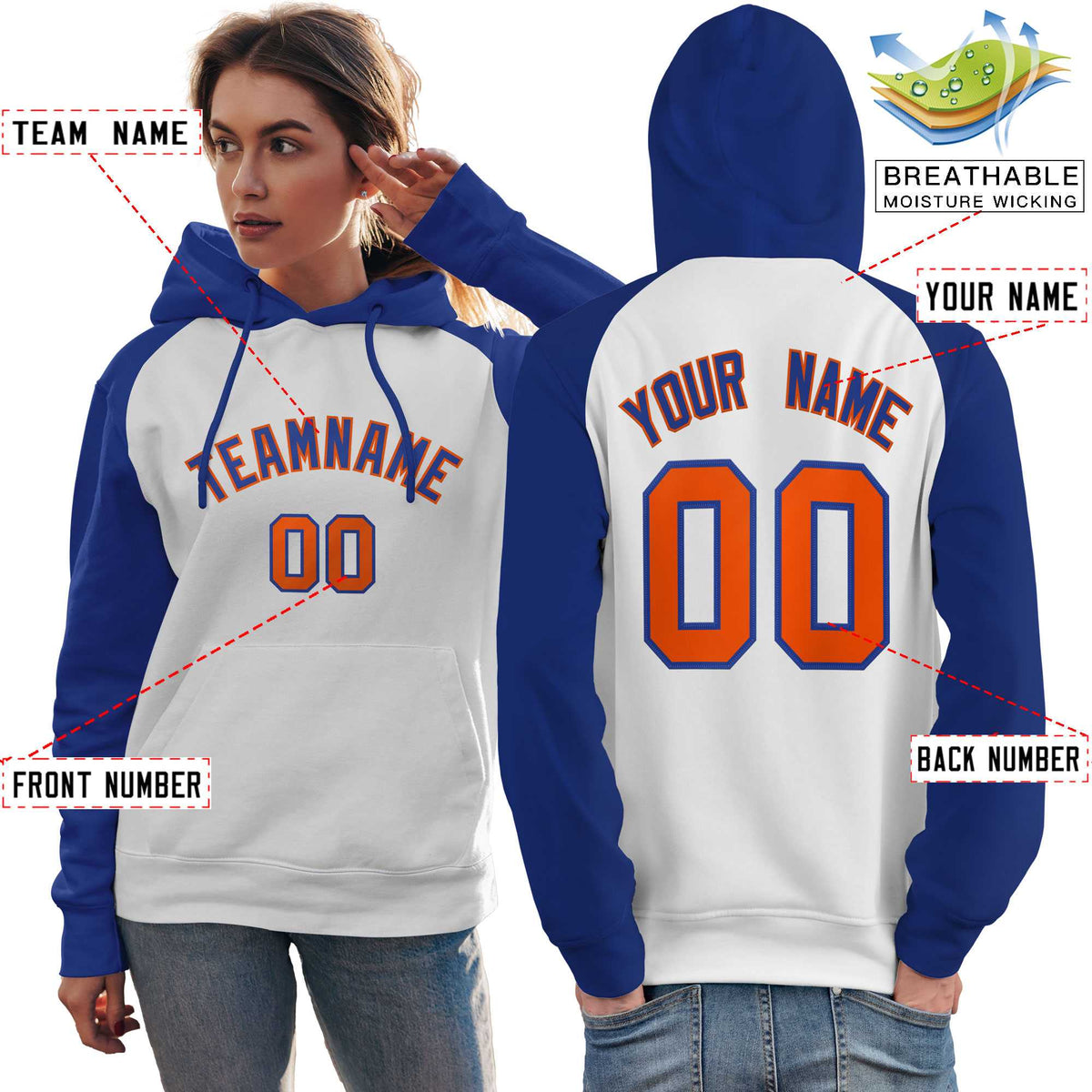Custom Stitched White Royal Raglan Sleeves Sports Pullover Sweatshirt Hoodie For Women| KXKSHOP
