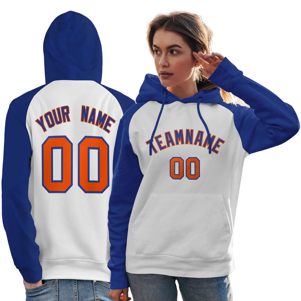 Custom Stitched White Royal Raglan Sleeves Sports Pullover Sweatshirt Hoodie For Women| KXKSHOP