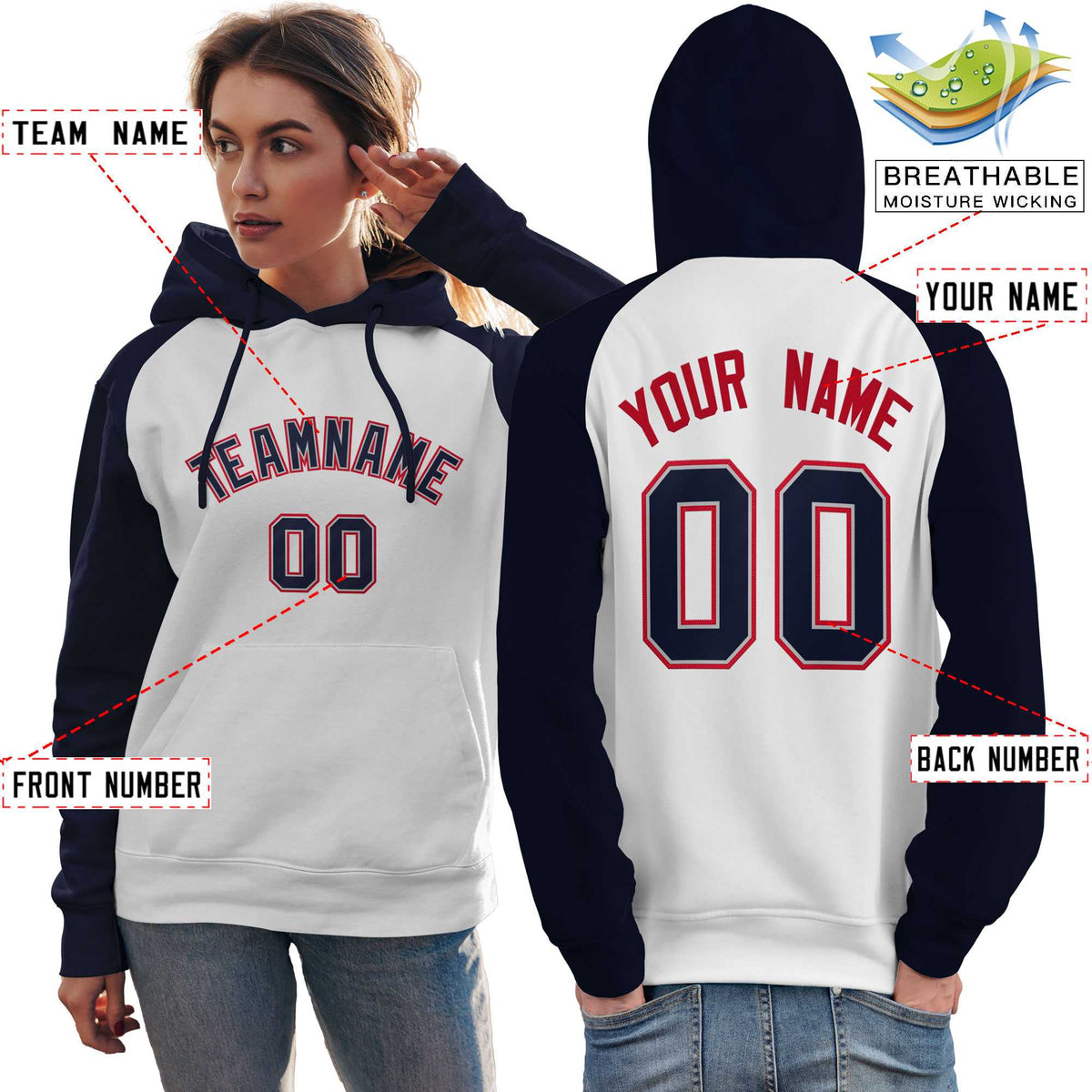 Custom Stitched White Navy Raglan Sleeves Sports Pullover Sweatshirt Hoodie For Women| KXKSHOP