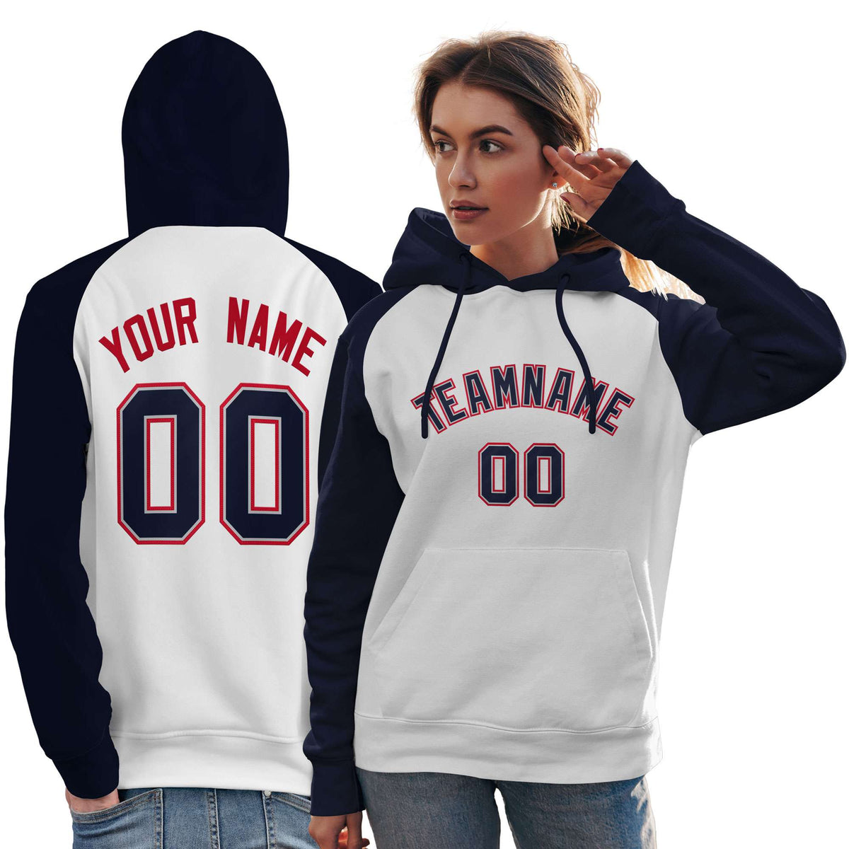 Custom Stitched White Navy Raglan Sleeves Sports Pullover Sweatshirt Hoodie For Women| KXKSHOP
