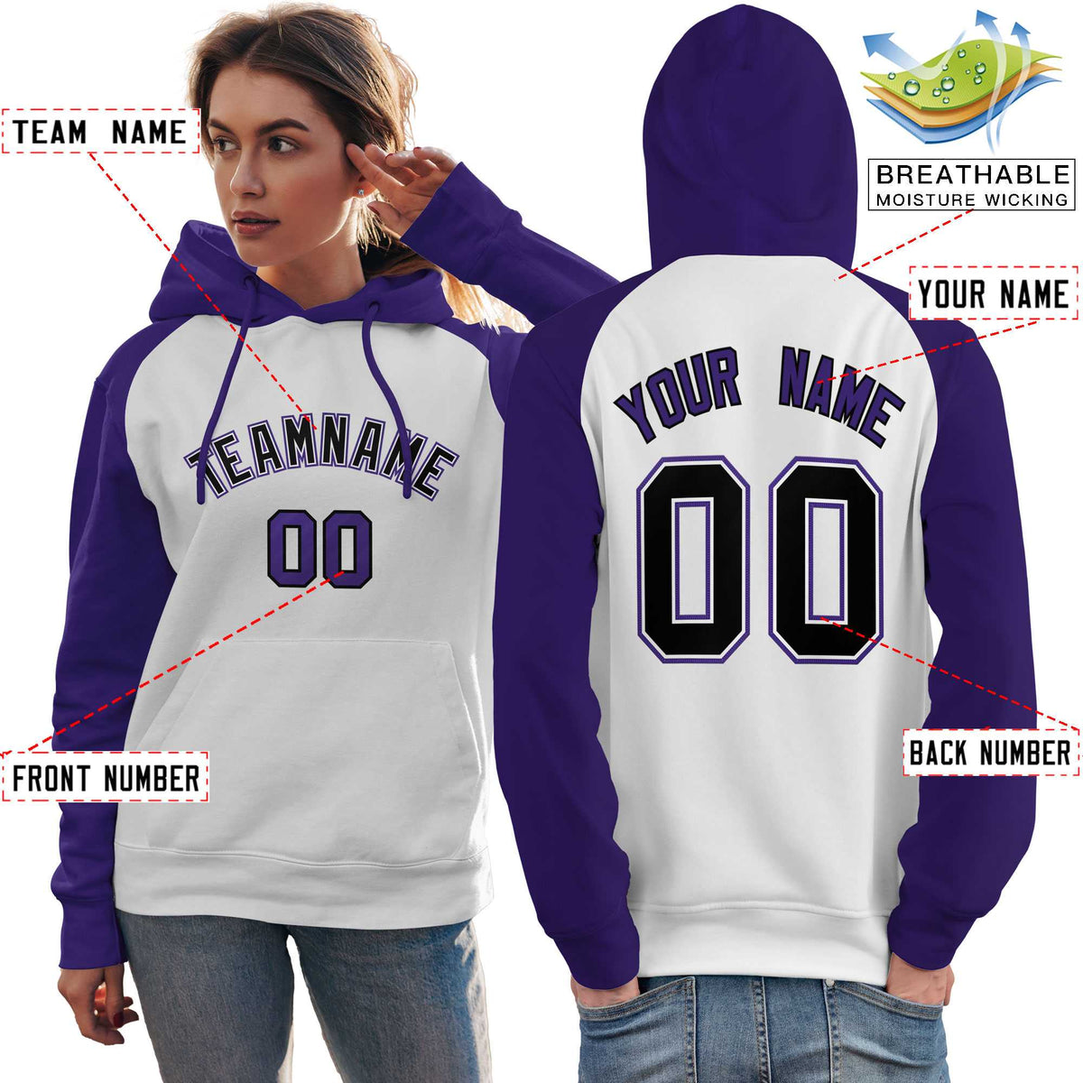 Custom Stitched White Purple-Black Raglan Sleeves Sports Pullover Sweatshirt Hoodie For Women| KXKSHOP