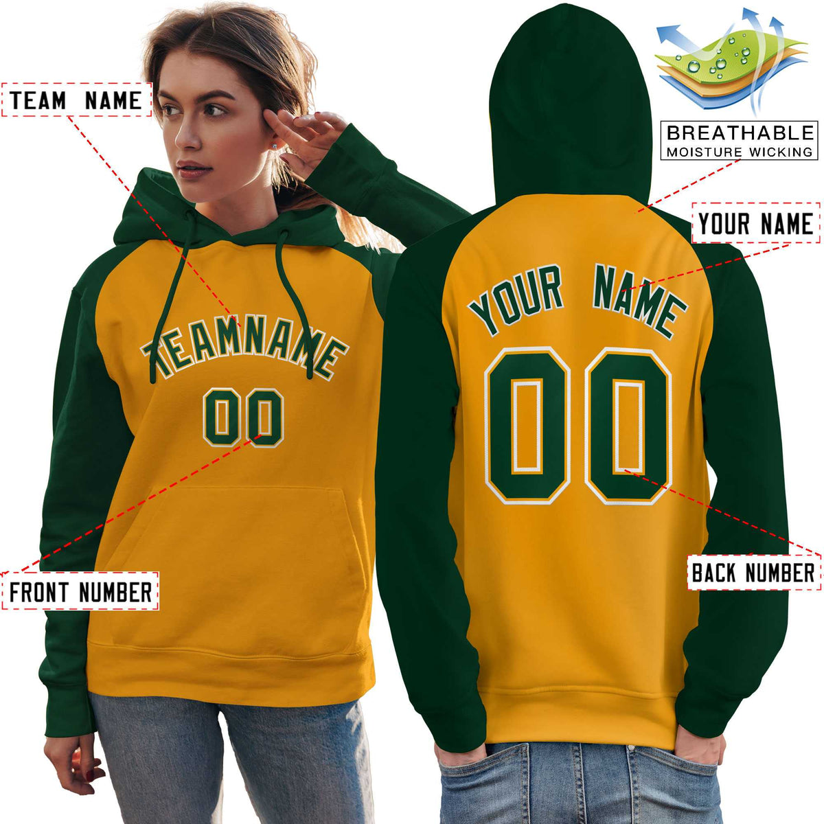 Custom Stitched Gold Green Raglan Sleeves Sports Pullover Sweatshirt Hoodie For Women| KXKSHOP
