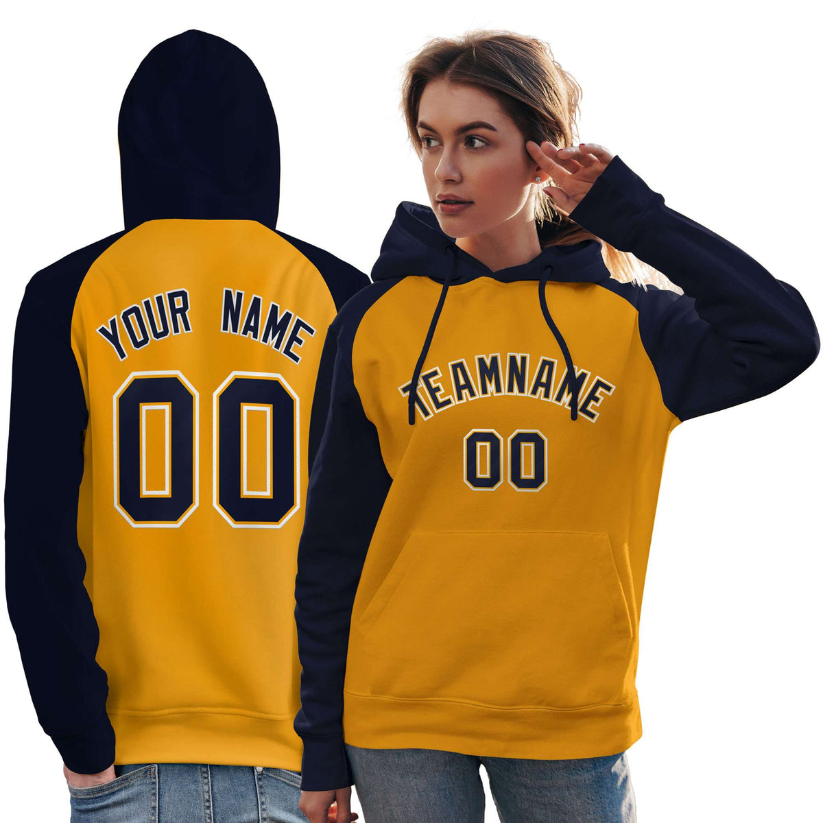 Custom Stitched Gold Navy Raglan Sleeves Sports Pullover Sweatshirt Hoodie For Women| KXKSHOP