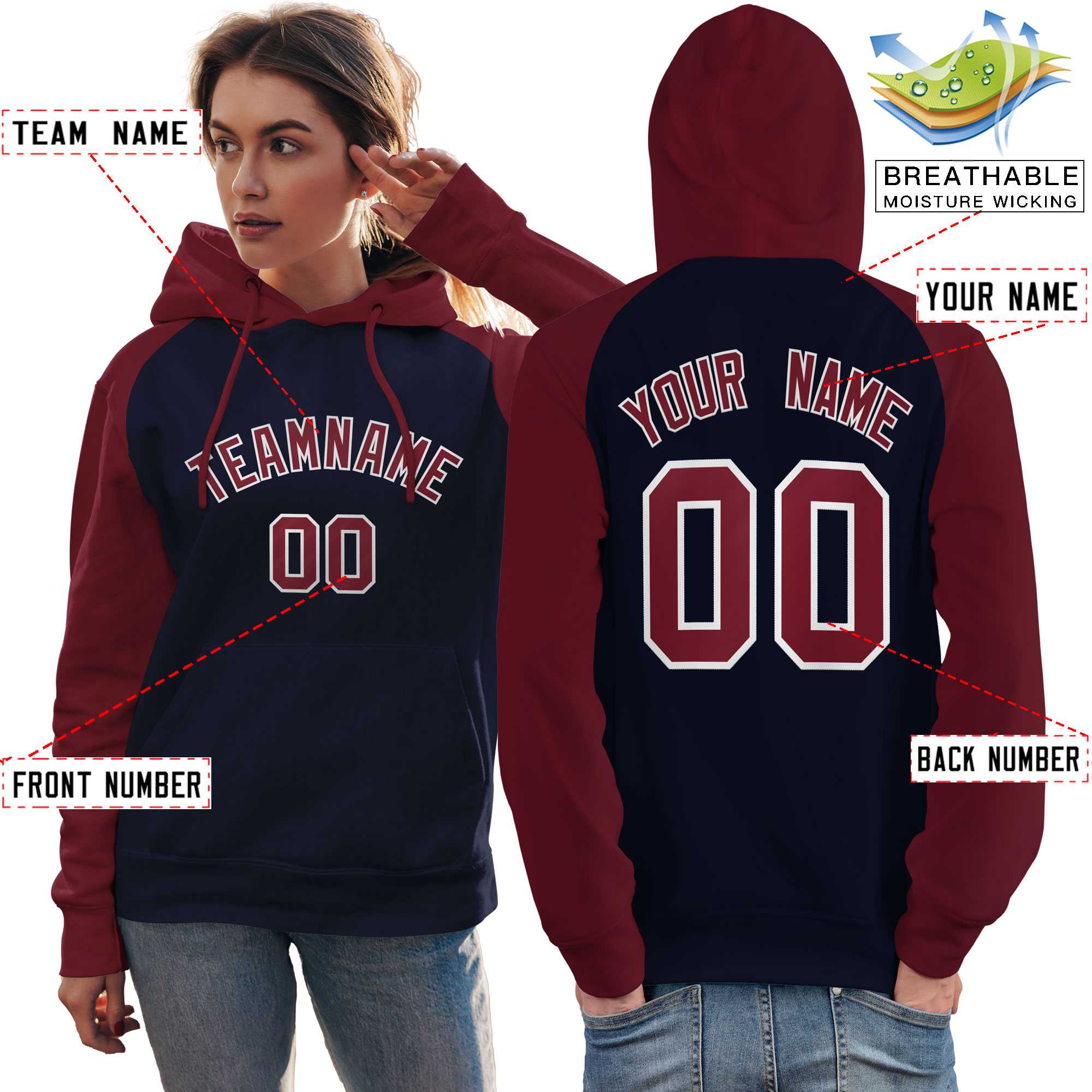 Custom Stitched Navy Crimson Raglan Sleeves Sports Pullover Sweatshirt Hoodie For Women| KXKSHOP