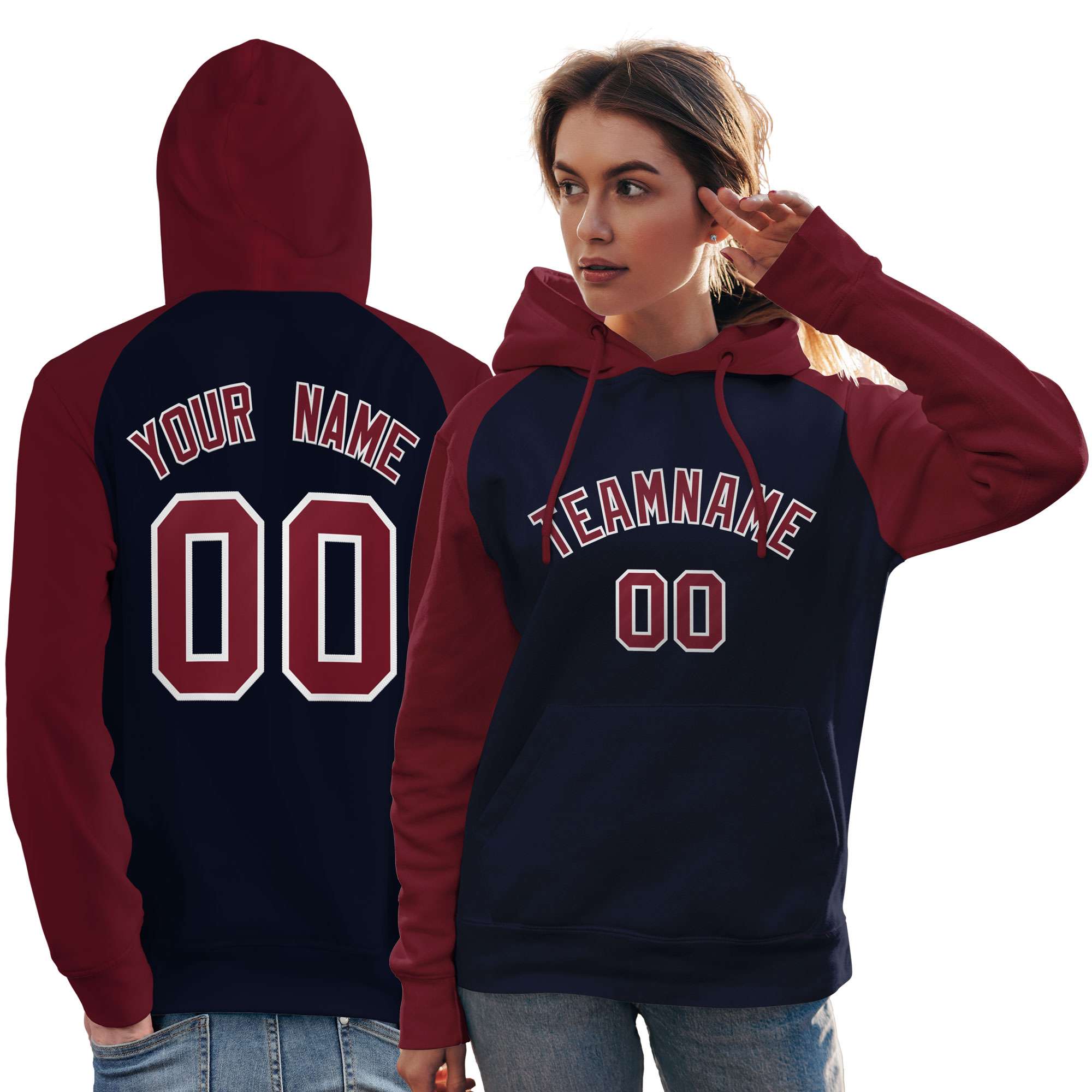 Custom Stitched Navy Crimson Raglan Sleeves Sports Pullover Sweatshirt Hoodie For Women| KXKSHOP