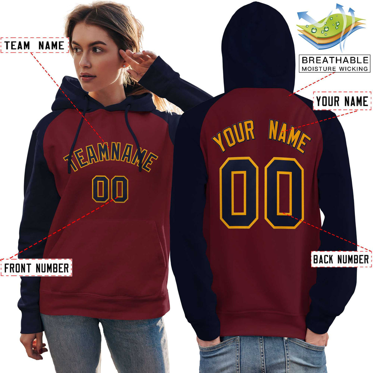 Custom Stitched Crimson Navy Raglan Sleeves Sports Pullover Sweatshirt Hoodie For Women| KXKSHOP