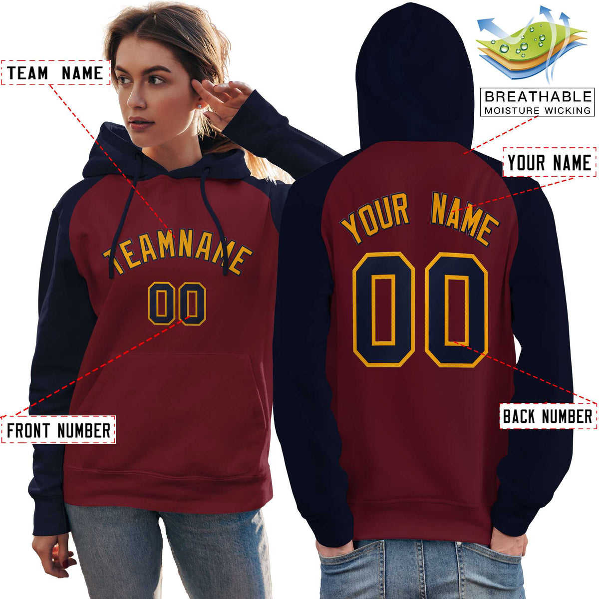 Custom Stitched Crimson Navy-Gold Raglan Sleeves Sports Pullover Sweatshirt Hoodie For Women| KXKSHOP
