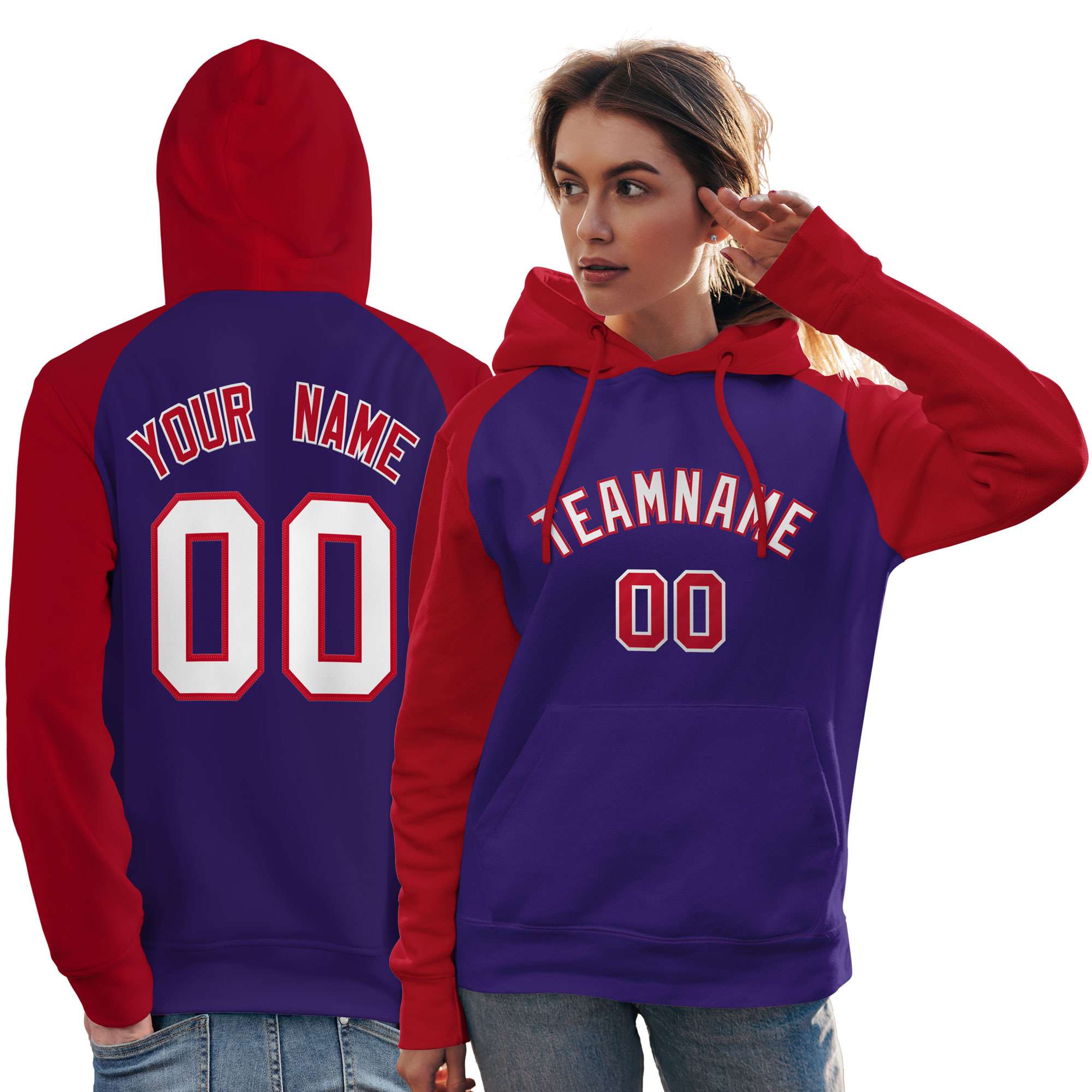 Custom Stitched Purple Red-White Raglan Sleeves Sports Pullover Sweatshirt Hoodie For Women| KXKSHOP