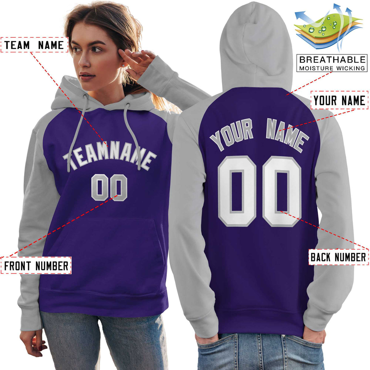 Custom Stitched Purple Gray-White Raglan Sleeves Sports Pullover Sweatshirt Hoodie For Women| KXKSHOP