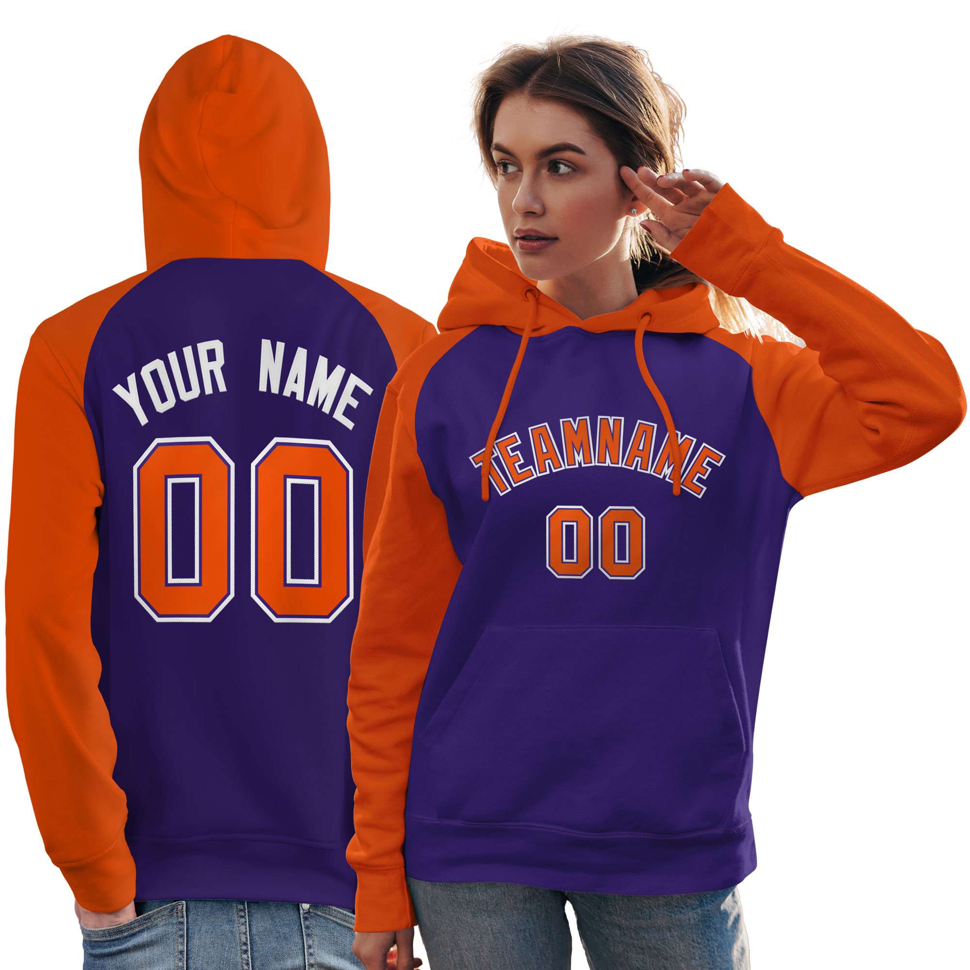 Custom Stitched Purple Orange Raglan Sleeves Sports Pullover Sweatshirt Hoodie For Women| KXKSHOP